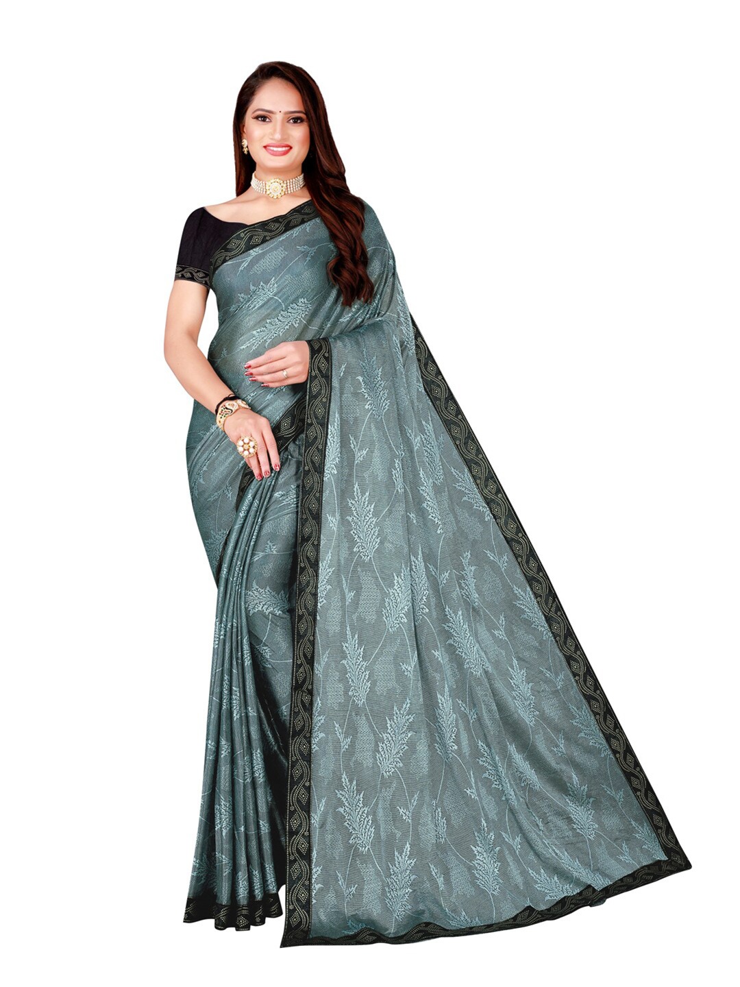

Florence Women Grey Floral Foil Printed Art Silk Saree
