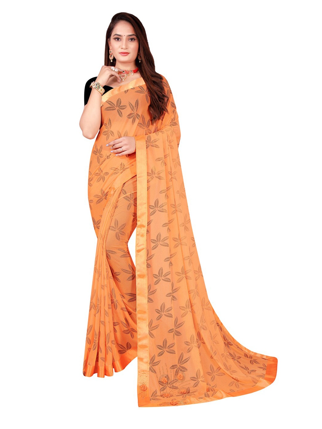 

Florence Orange Floral Lycra Saree