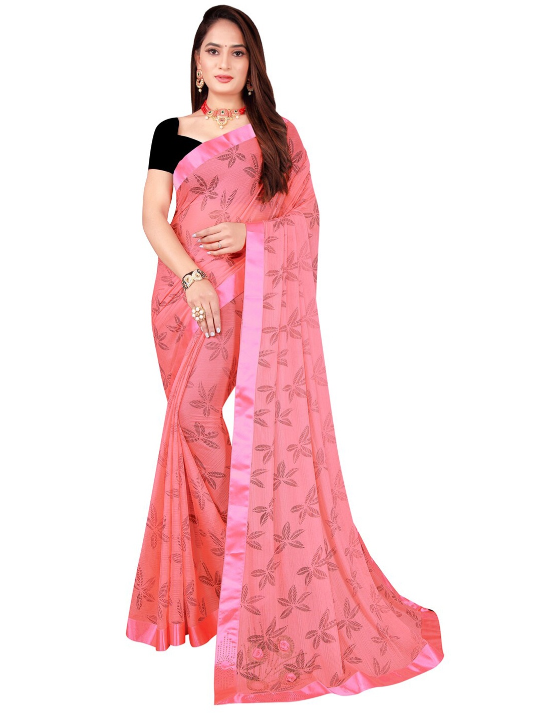 

Florence Coral Red & Black Floral Art Silk Saree