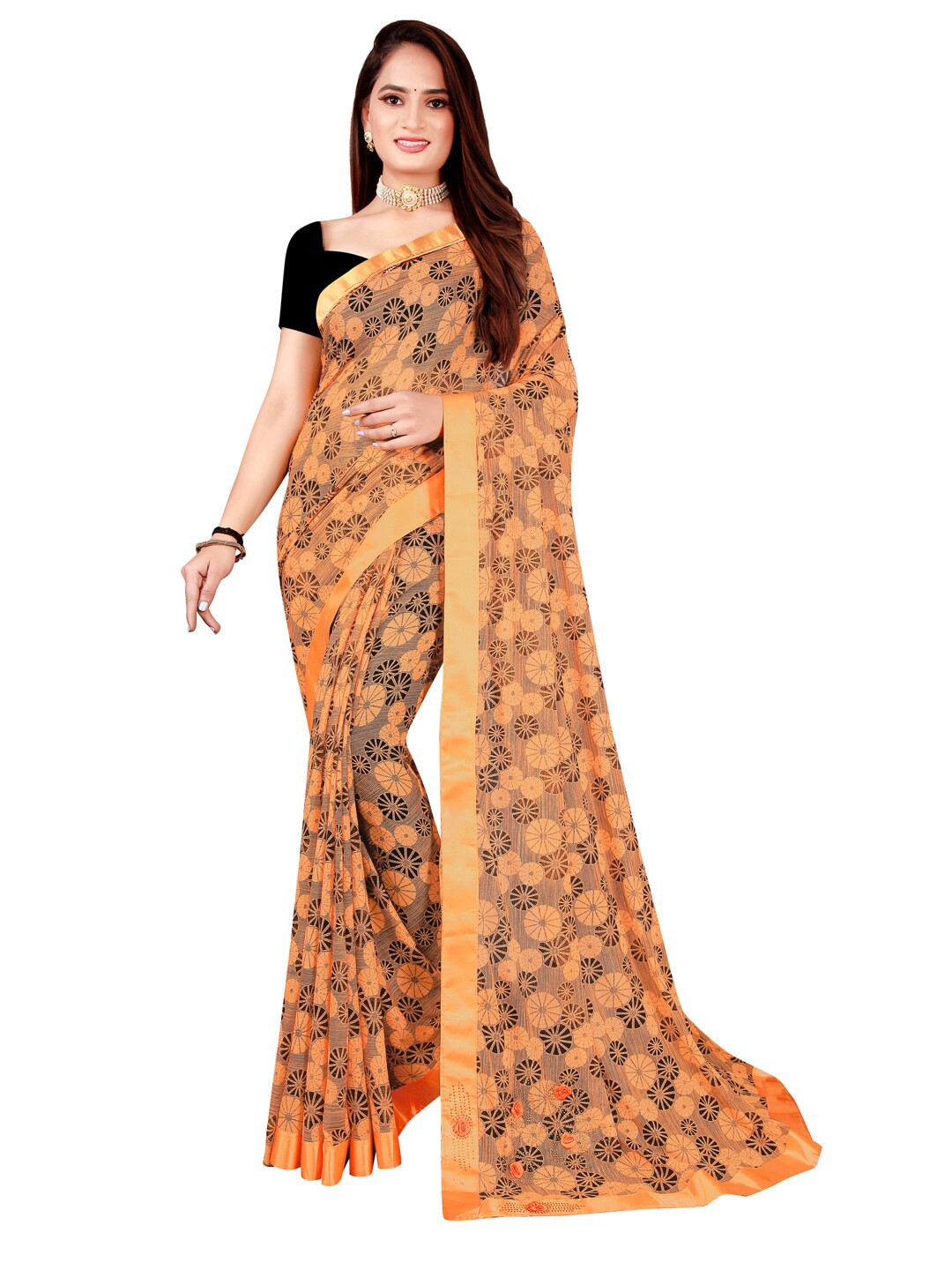 

Florence Orange & Black Floral Art Silk Saree