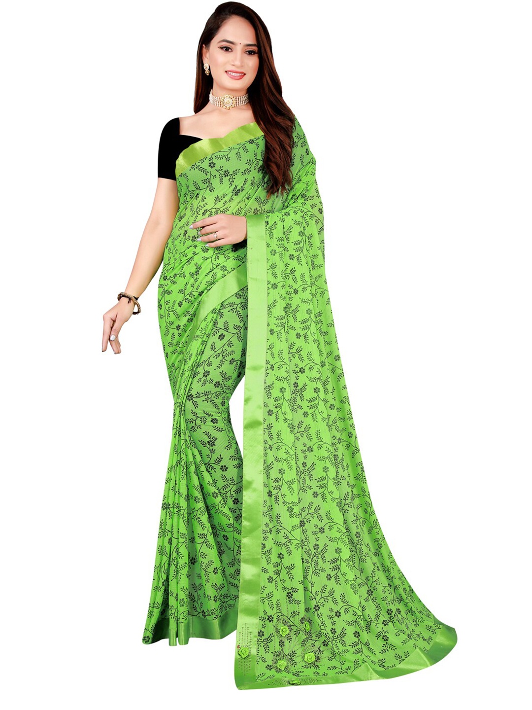 

Florence Green & Black Floral Art Silk Saree