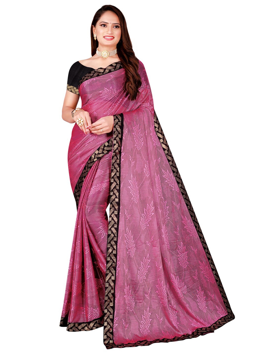 

Florence Pink & Black Floral Art Silk Saree