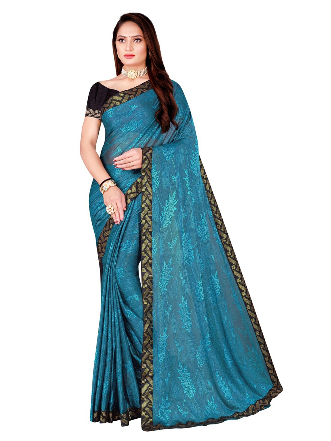 

Florence Teal Blue & Black Floral Art Silk Saree