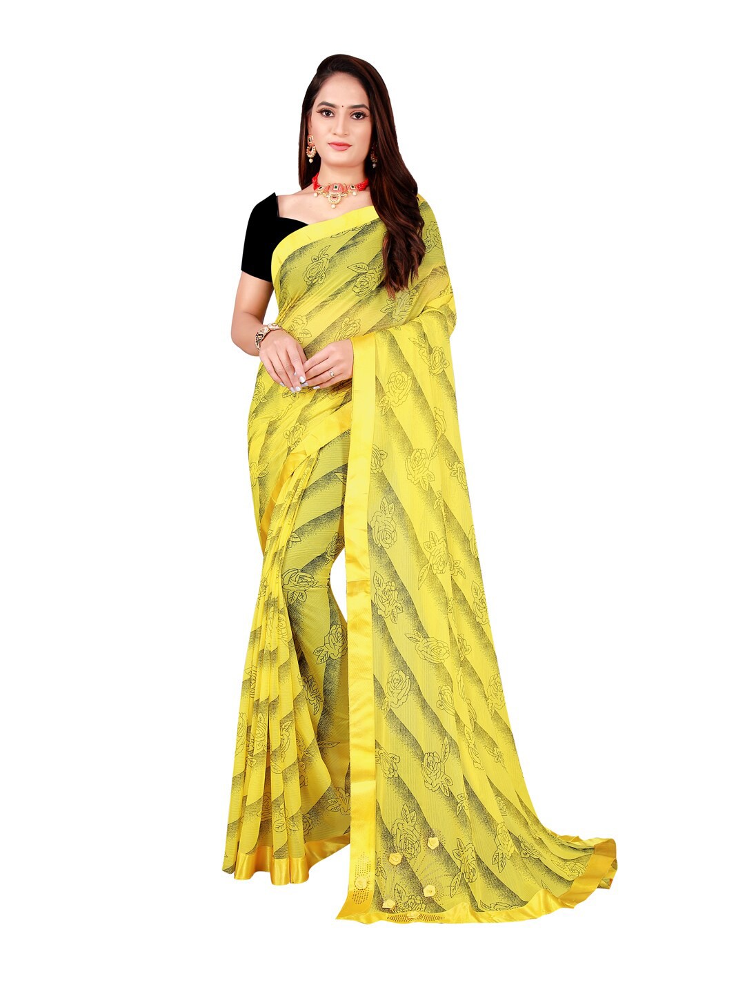 

Florence Yellow & Black Floral Art Silk Saree