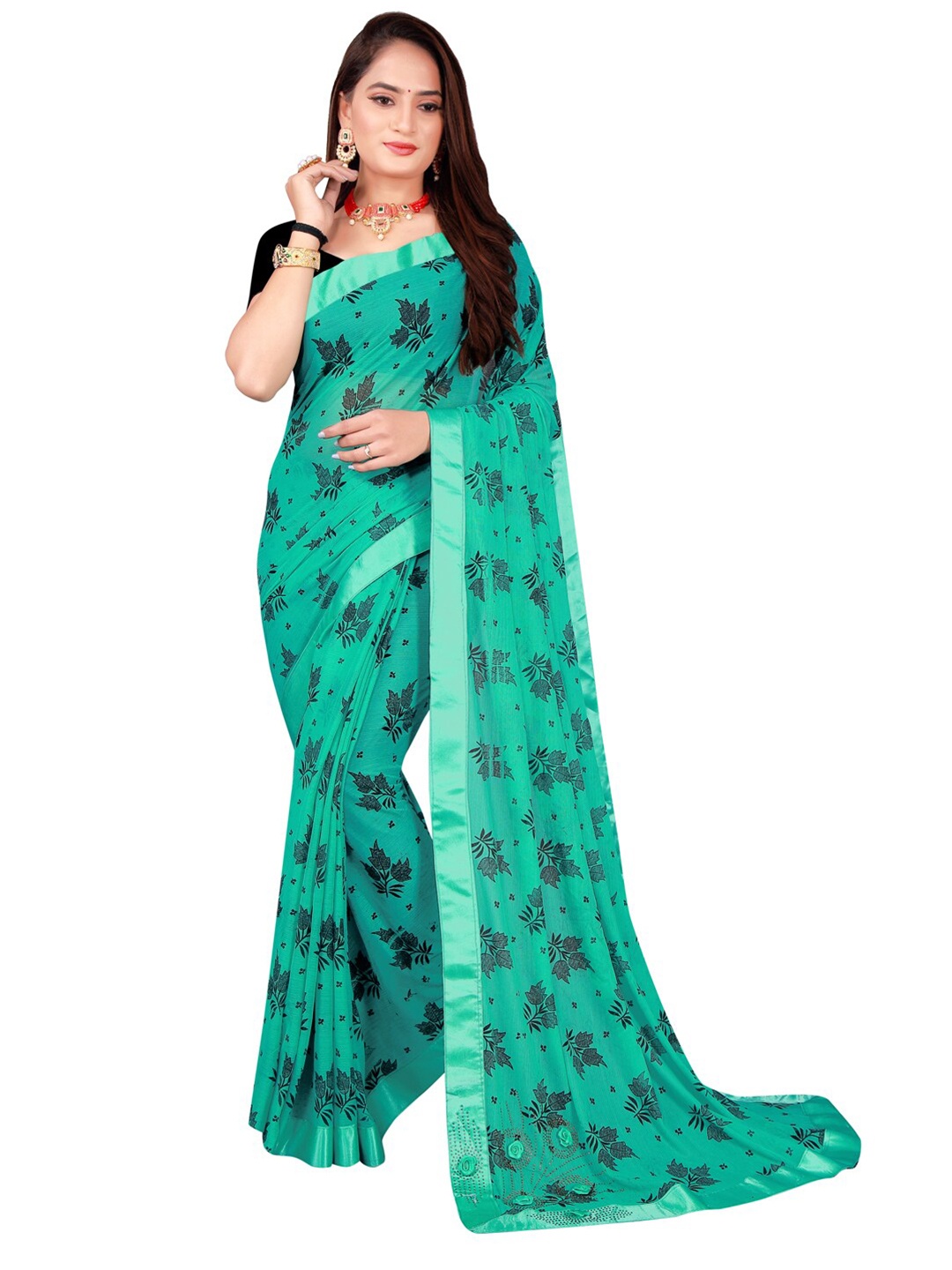 

Florence Turquoise Blue & Black Floral Art Silk Saree