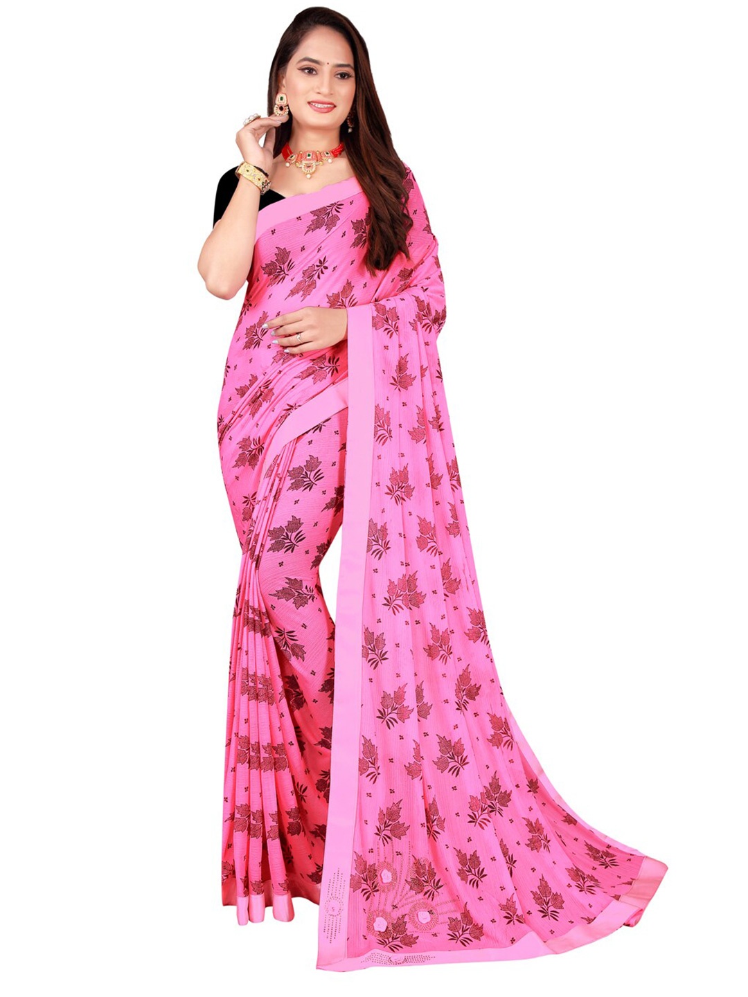 

Florence Pink & Brown Floral Art Silk Saree