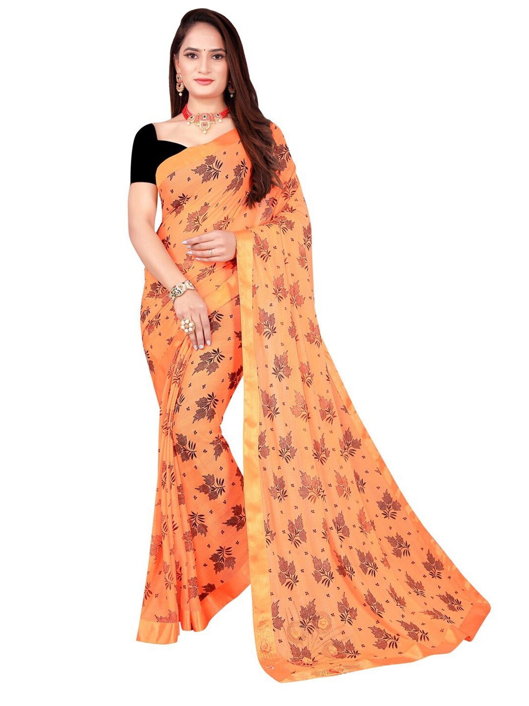 

Florence Orange & Brown Floral Art Silk Saree