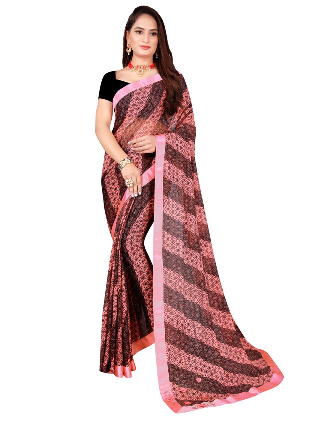 

Florence Coral Red & Black Ethnic Motifs Art Silk Saree