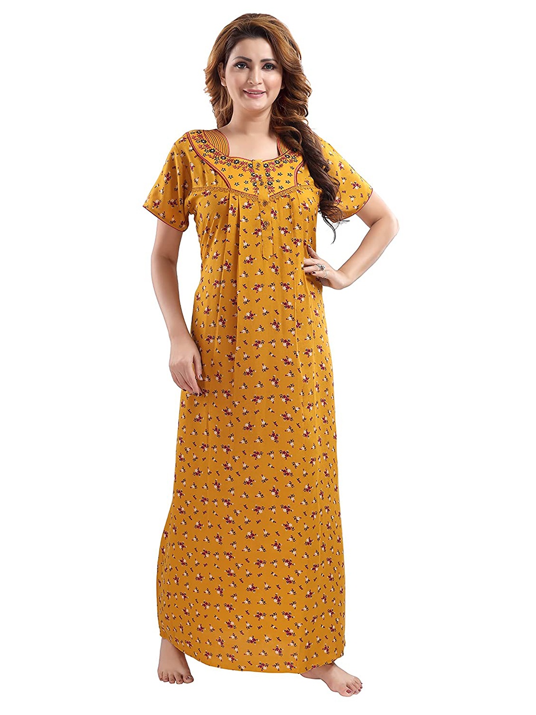 

9shines Label Women Mustard Yellow Floral Printed Cotton Blend Maxi Nightdress