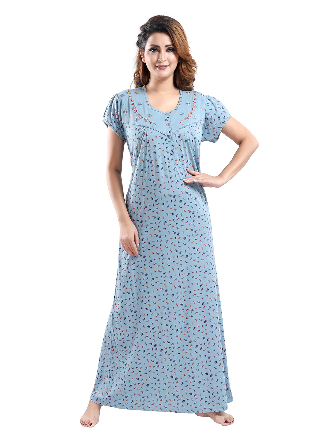 

9shines Label Blue & Orange Floral Printed Maxi Nightdress