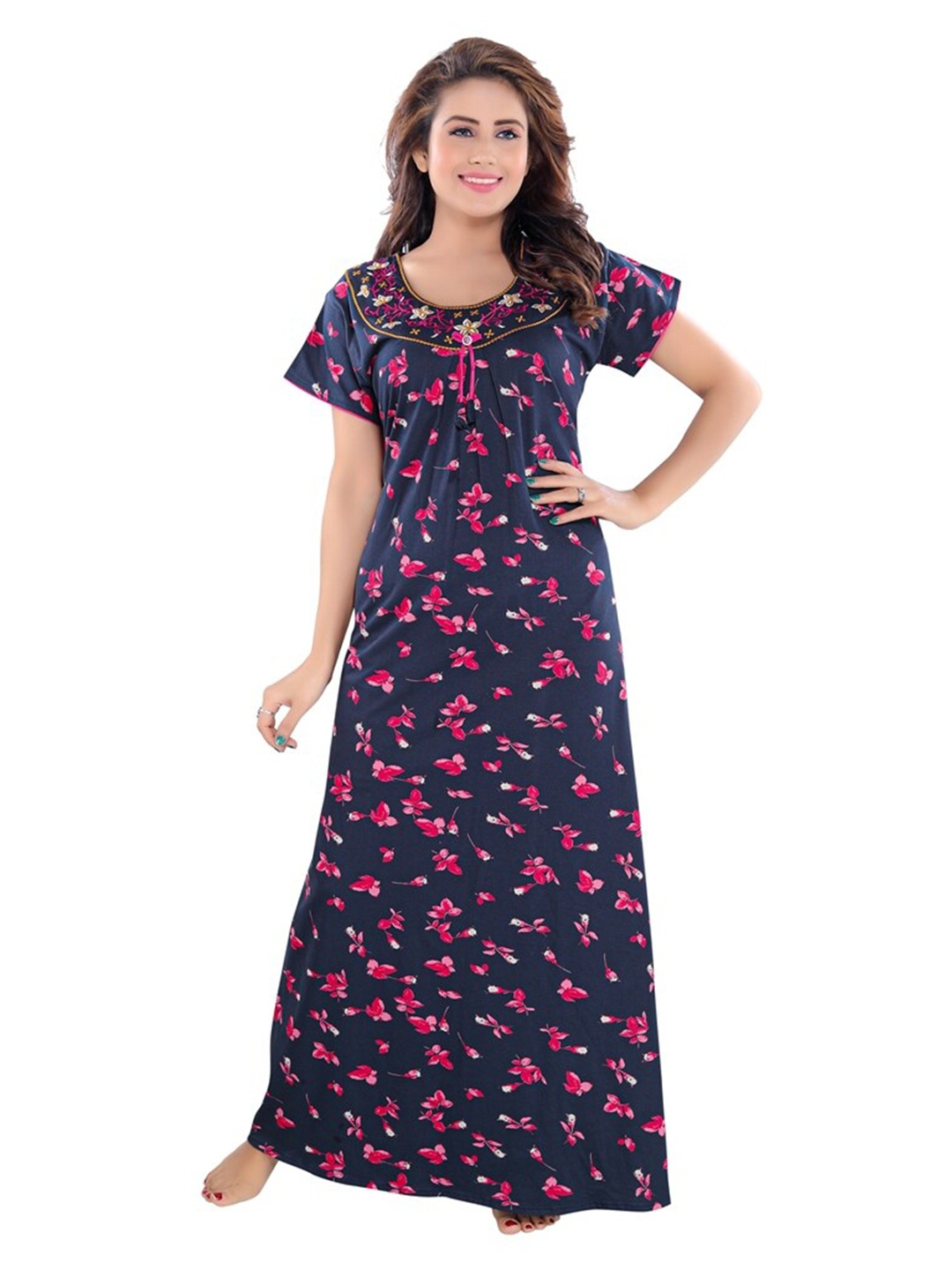 

9shines Label Blue & Pink Floral Printed Cotton Maxi Nightdress