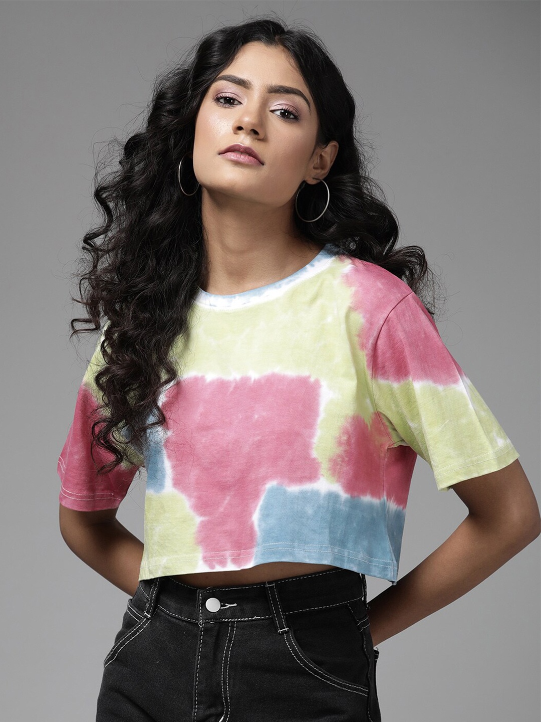 

The Dry State Women Multicoloured Tie & Die Loose Cotton Crop T-shirt, Multi