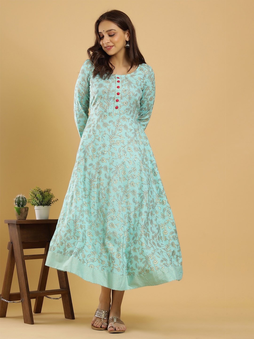 

KEEP CART Women Blue & Gold Floral Printed Gotta Patti Floral Anarkali Kurta