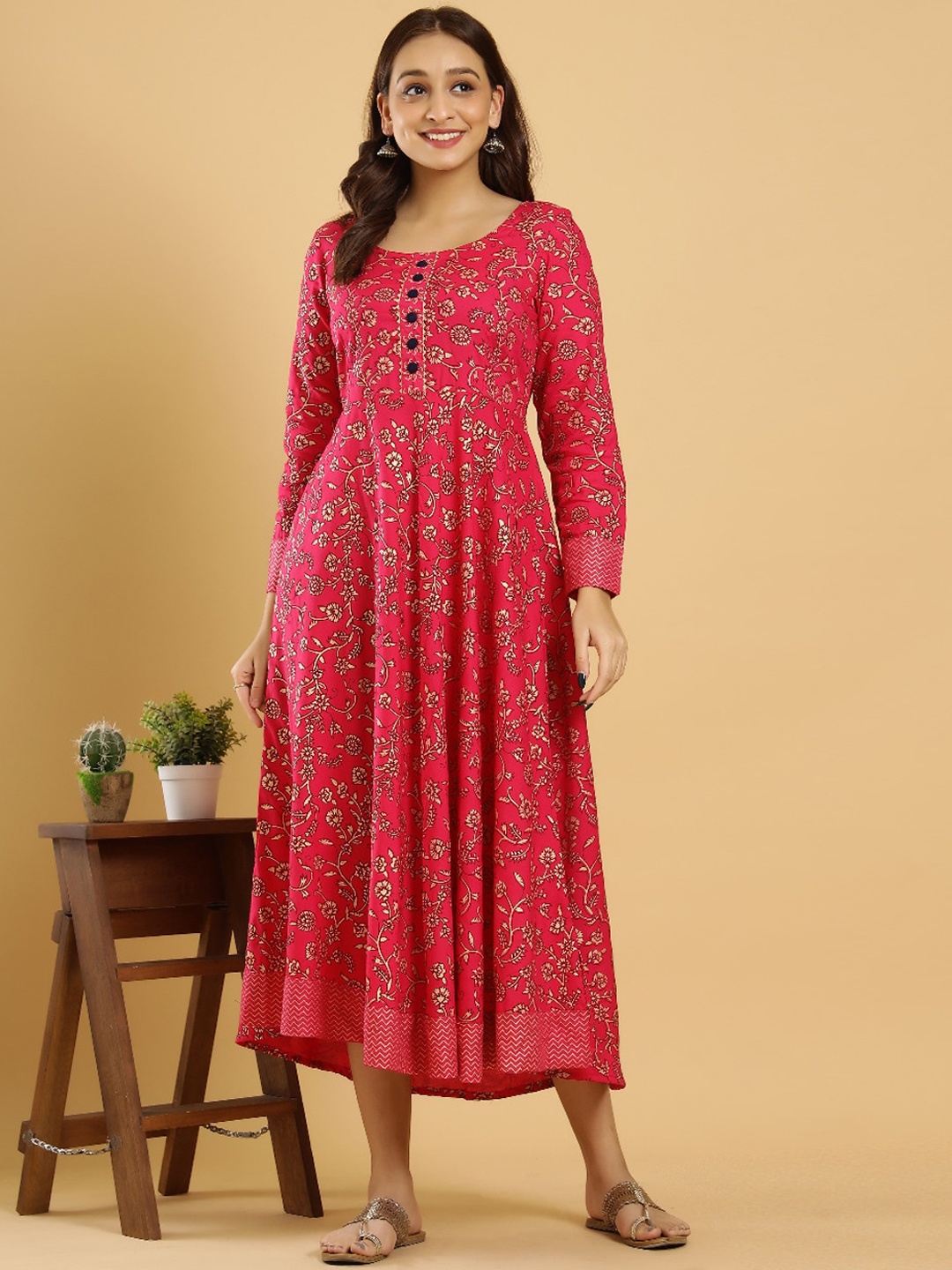 

KEEP CART Women Pink & Beige Floral Print Calf Length Kurta