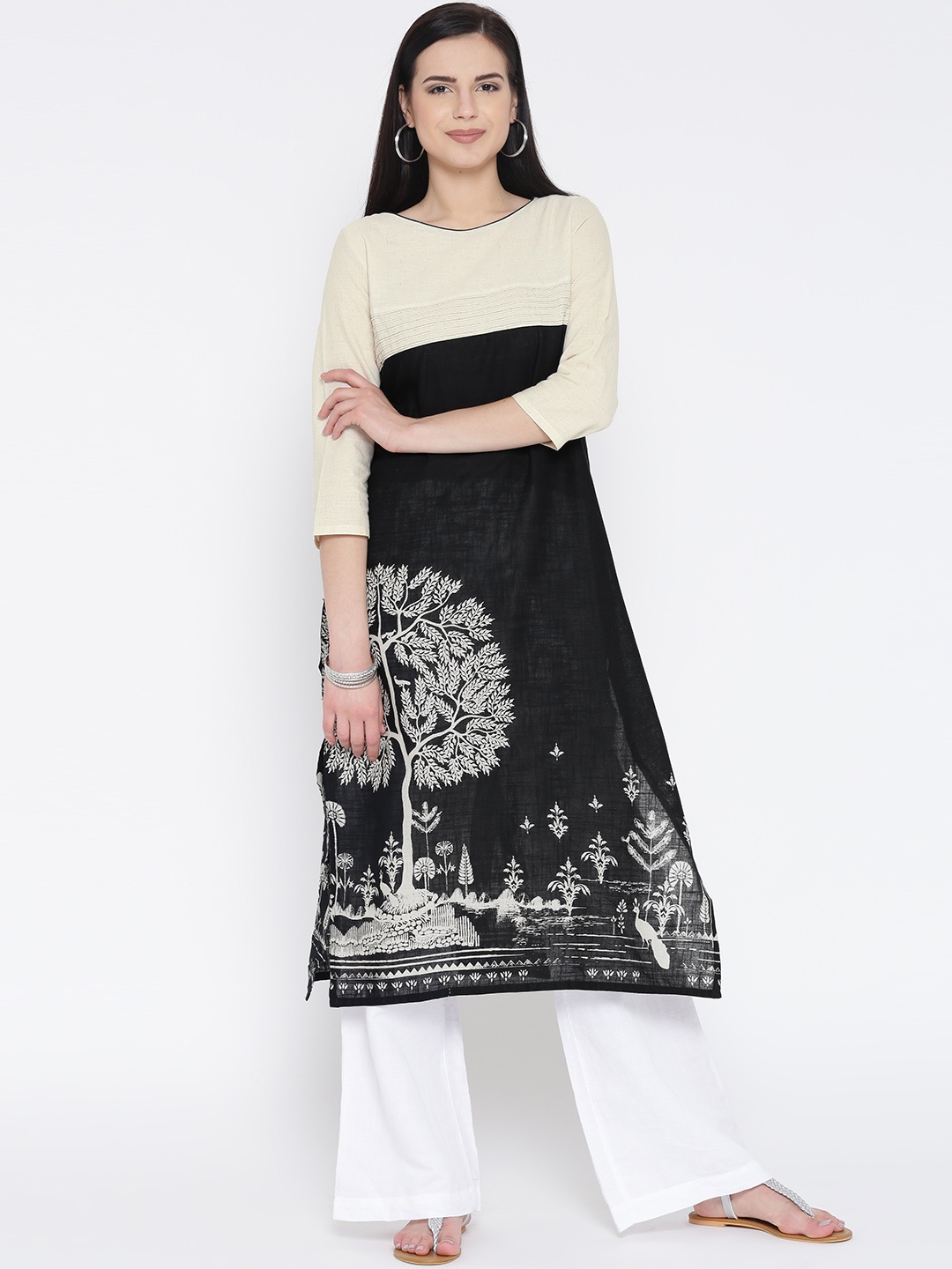 

RANGMANCH BY PANTALOONS Women Black & Beige Printed Straight Kurta