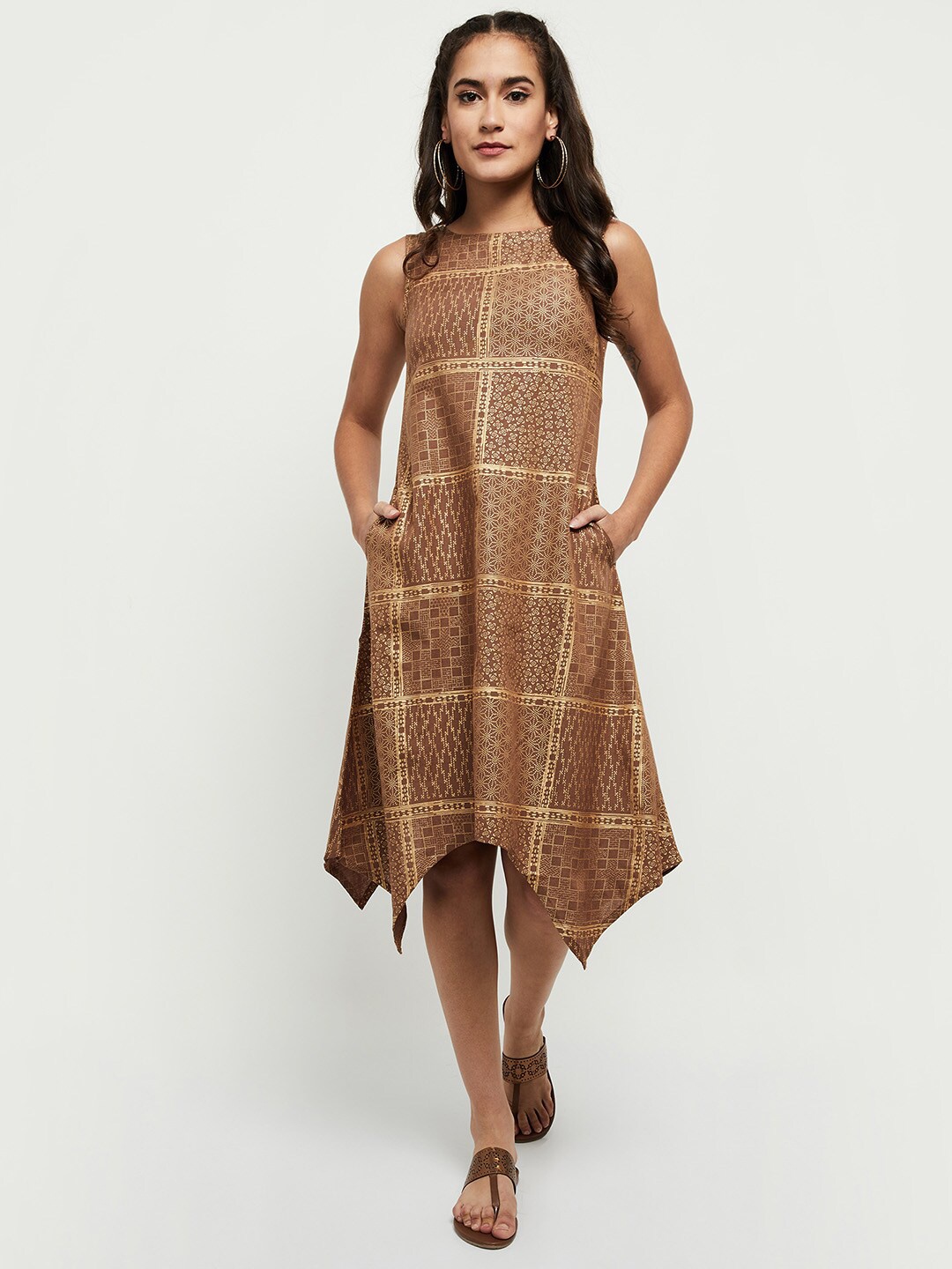 

max Beige & Golden Ethnic Motifs Ethnic A-Line Midi Dress