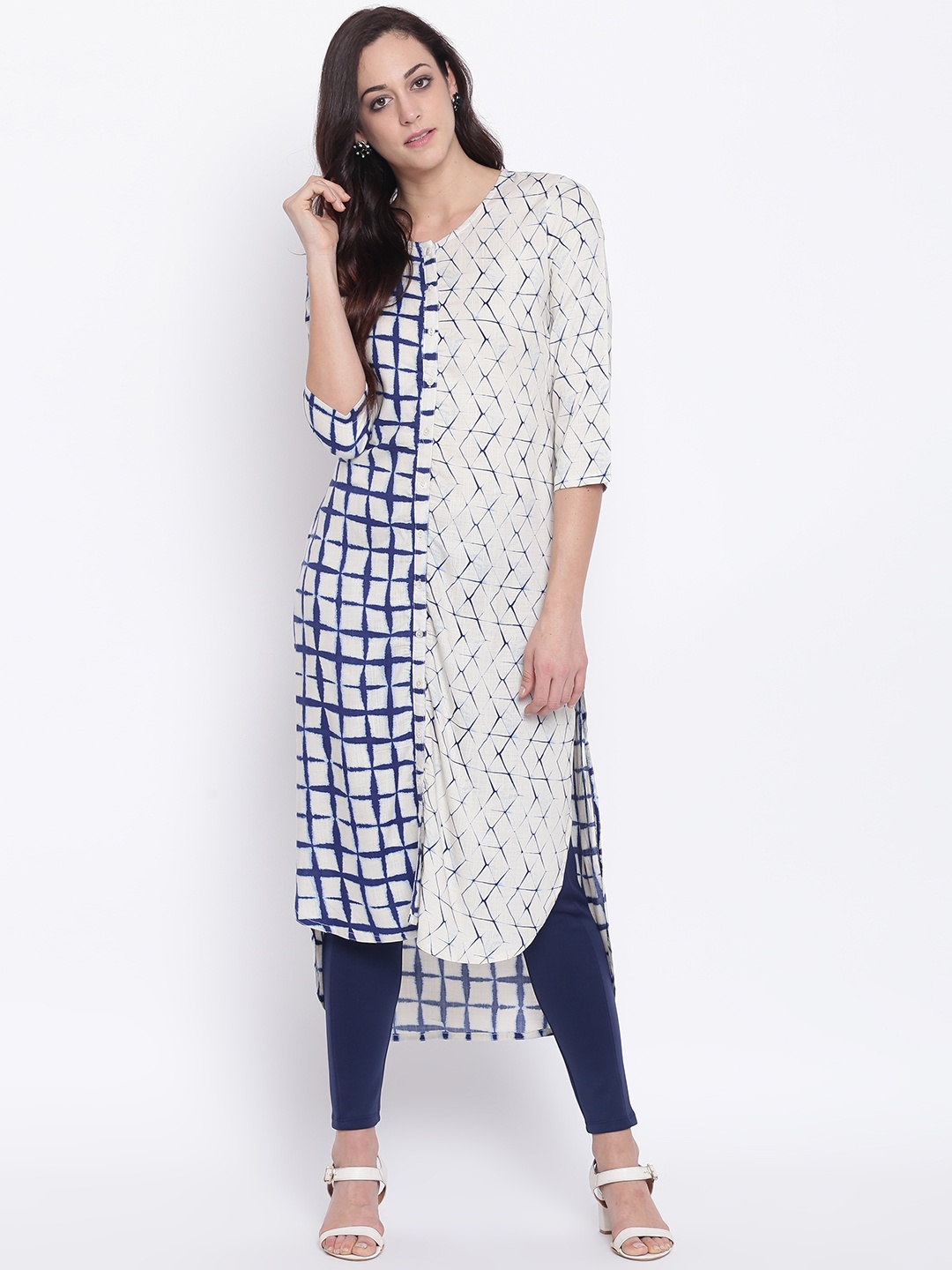 

RANGMANCH BY PANTALOONS Women Off-White & Navy Printed Straight Kurta