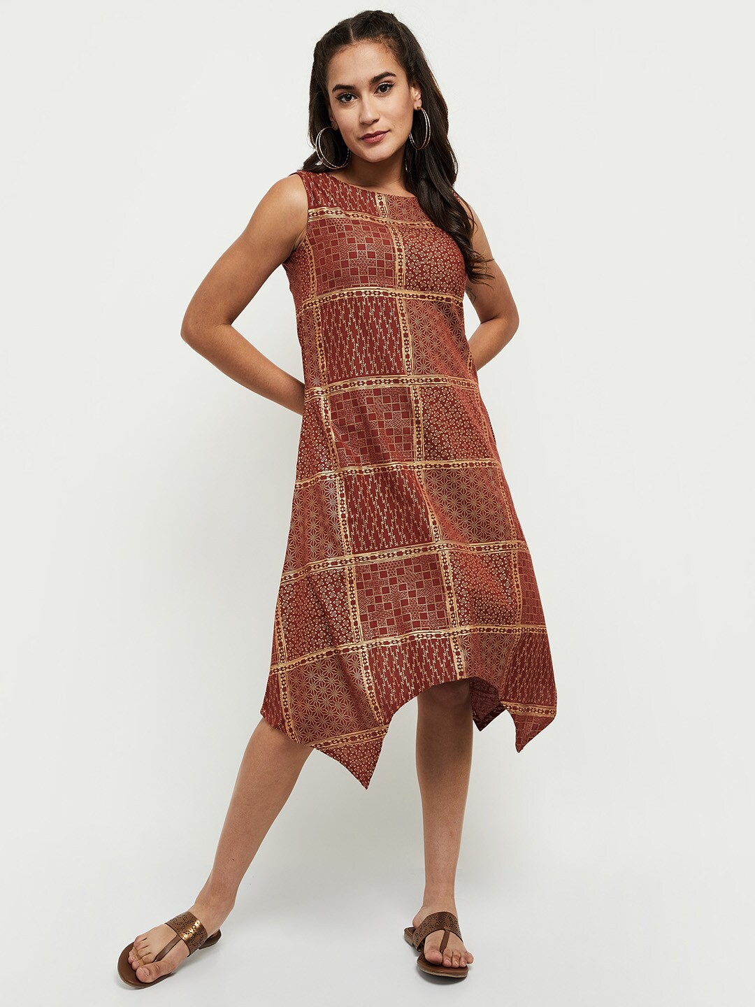 

max Rust Ethnic Motifs A-Line Midi Dress
