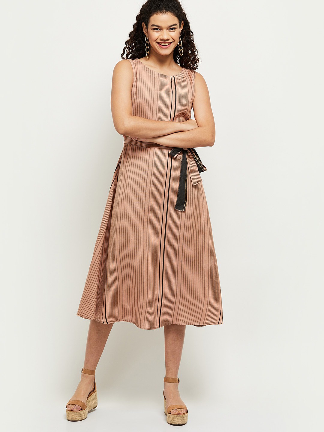 

max Beige & Black Striped Belted Midi Dress
