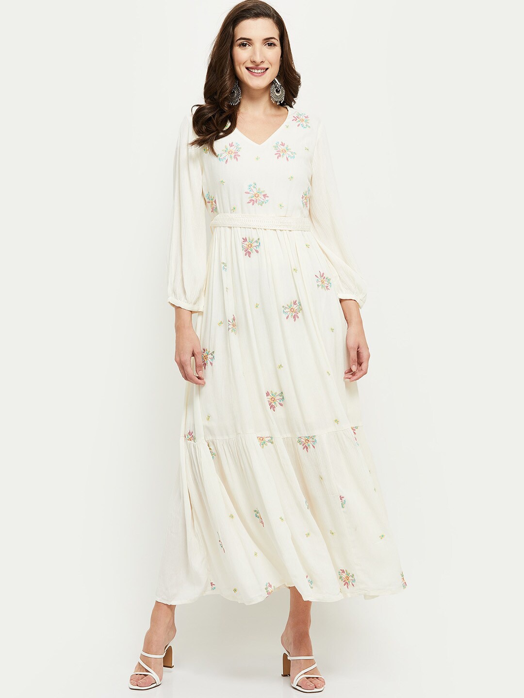 

max Off White & Pink Floral Embroidered Ethnic Tiered Midi Dress