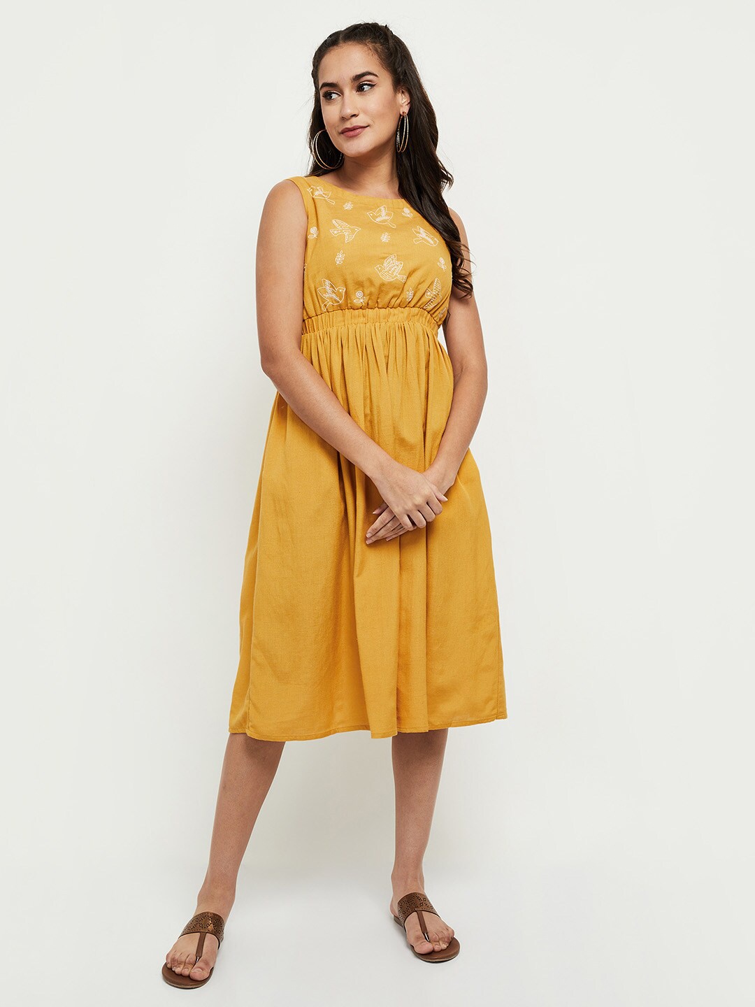 

max Mustard Yellow & White Ethnic Motifs Midi Dress