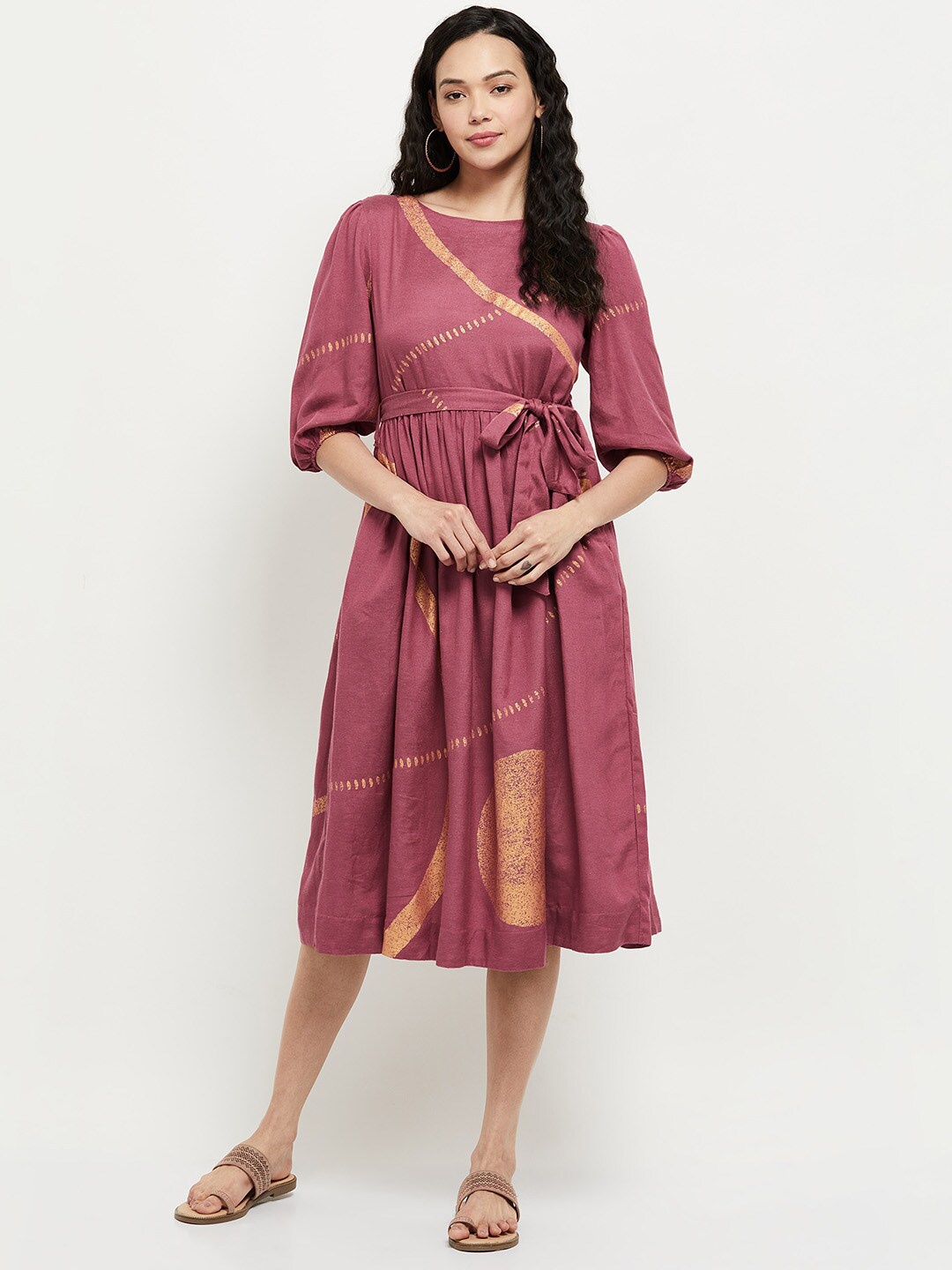 

max Pink & Gold-Toned Printed Belted Midi Dress
