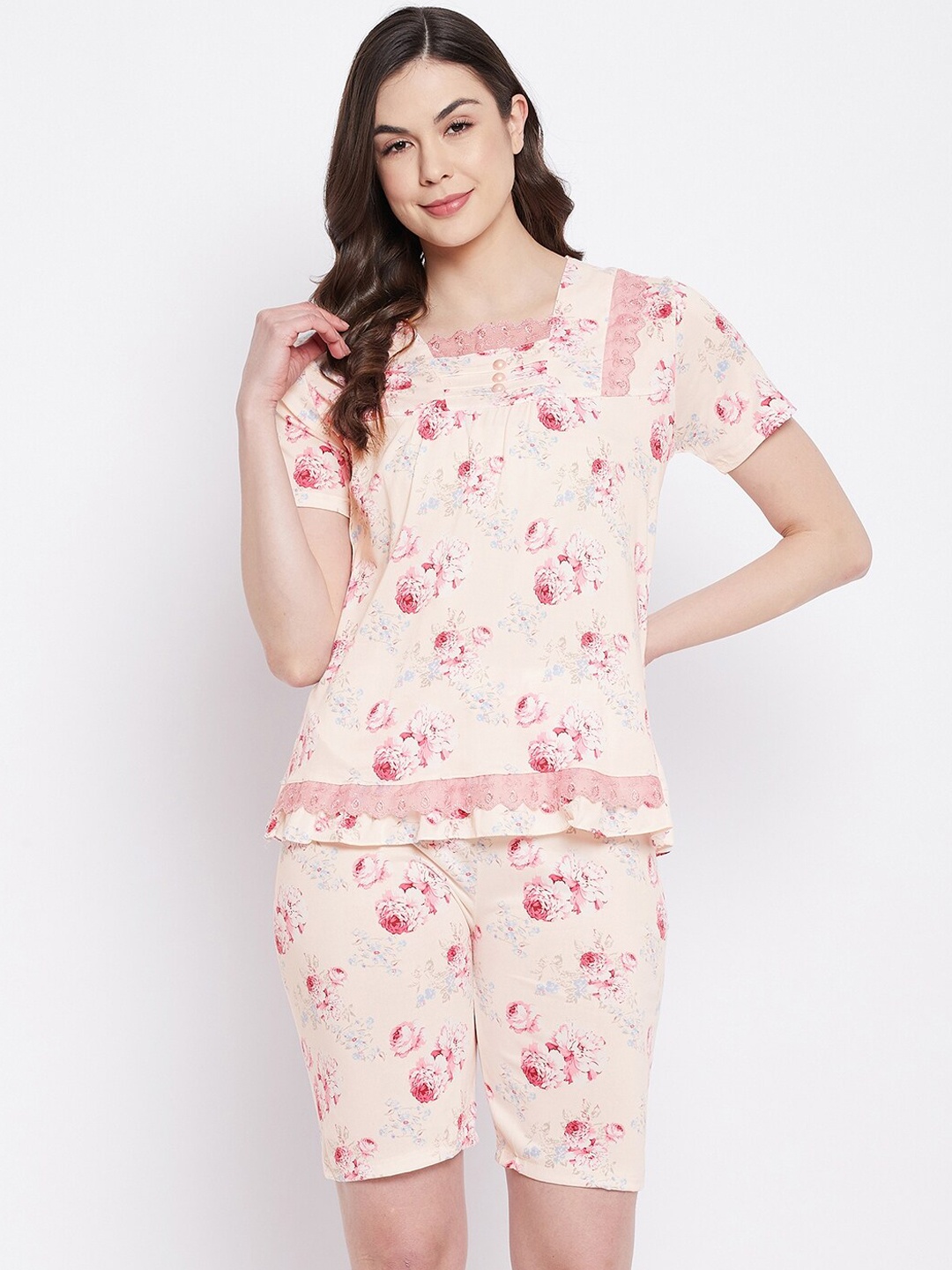 

Camey Women Peach-Coloured & Pink Floral Printed Cotton Blend Night suit