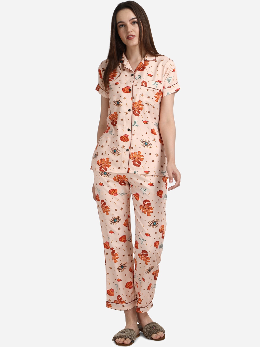 

House of JAMMIES Women Cream-Coloured & Orange Printed Night suit