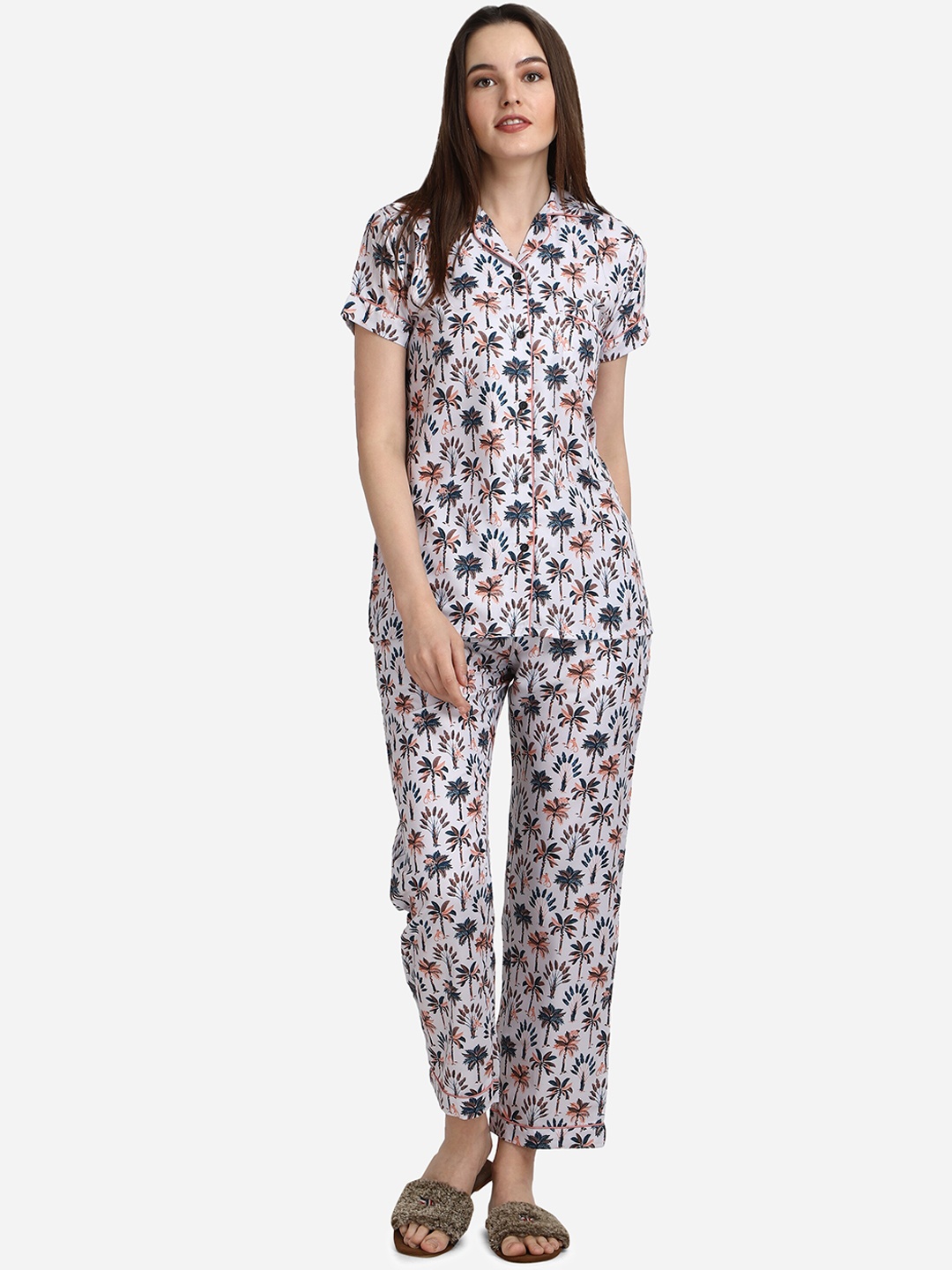 

House of JAMMIES Women Grey & Peach Printed Cotton Nightsuit