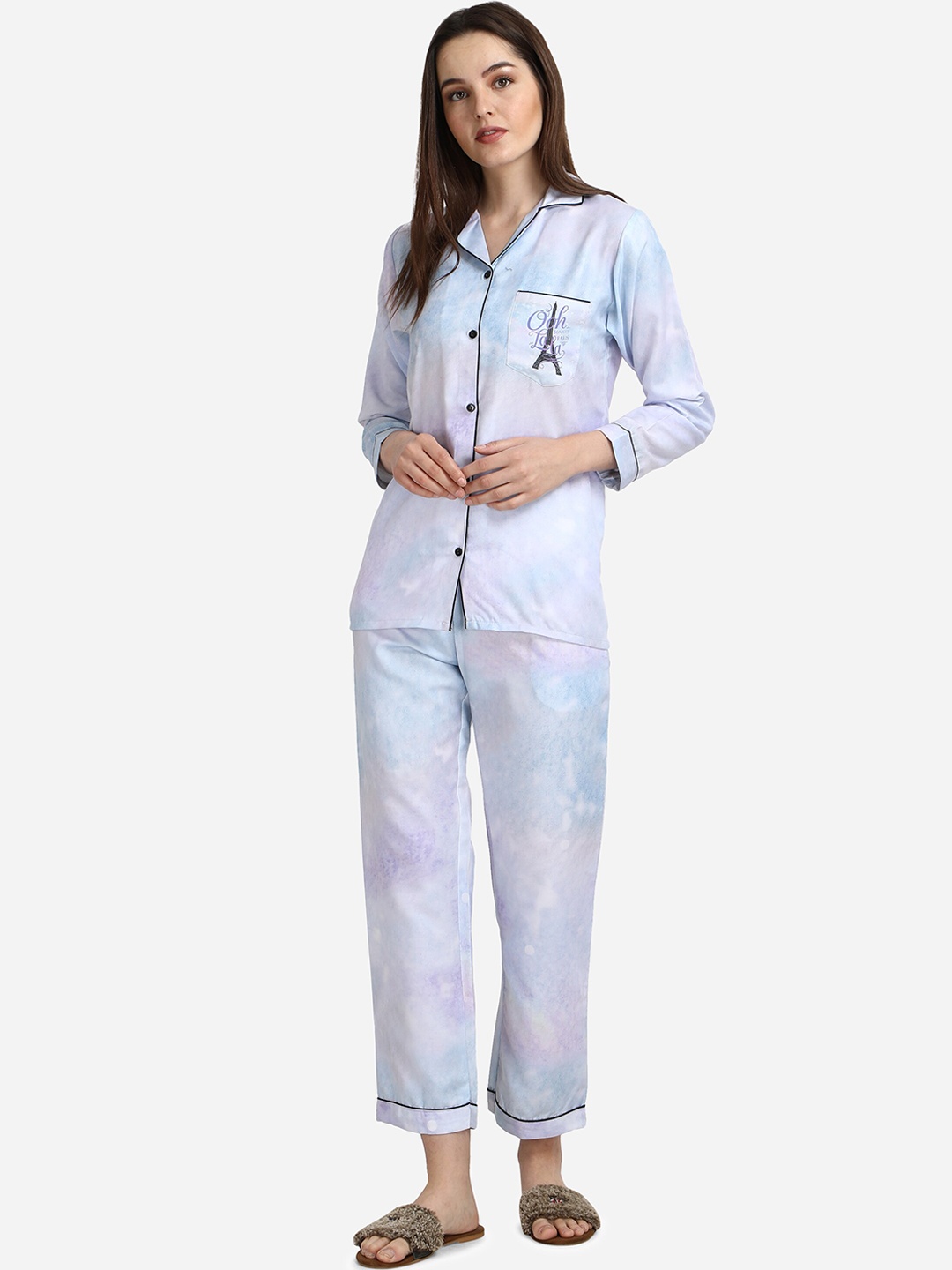 

House of JAMMIES Women Blue & White Printed Night suit