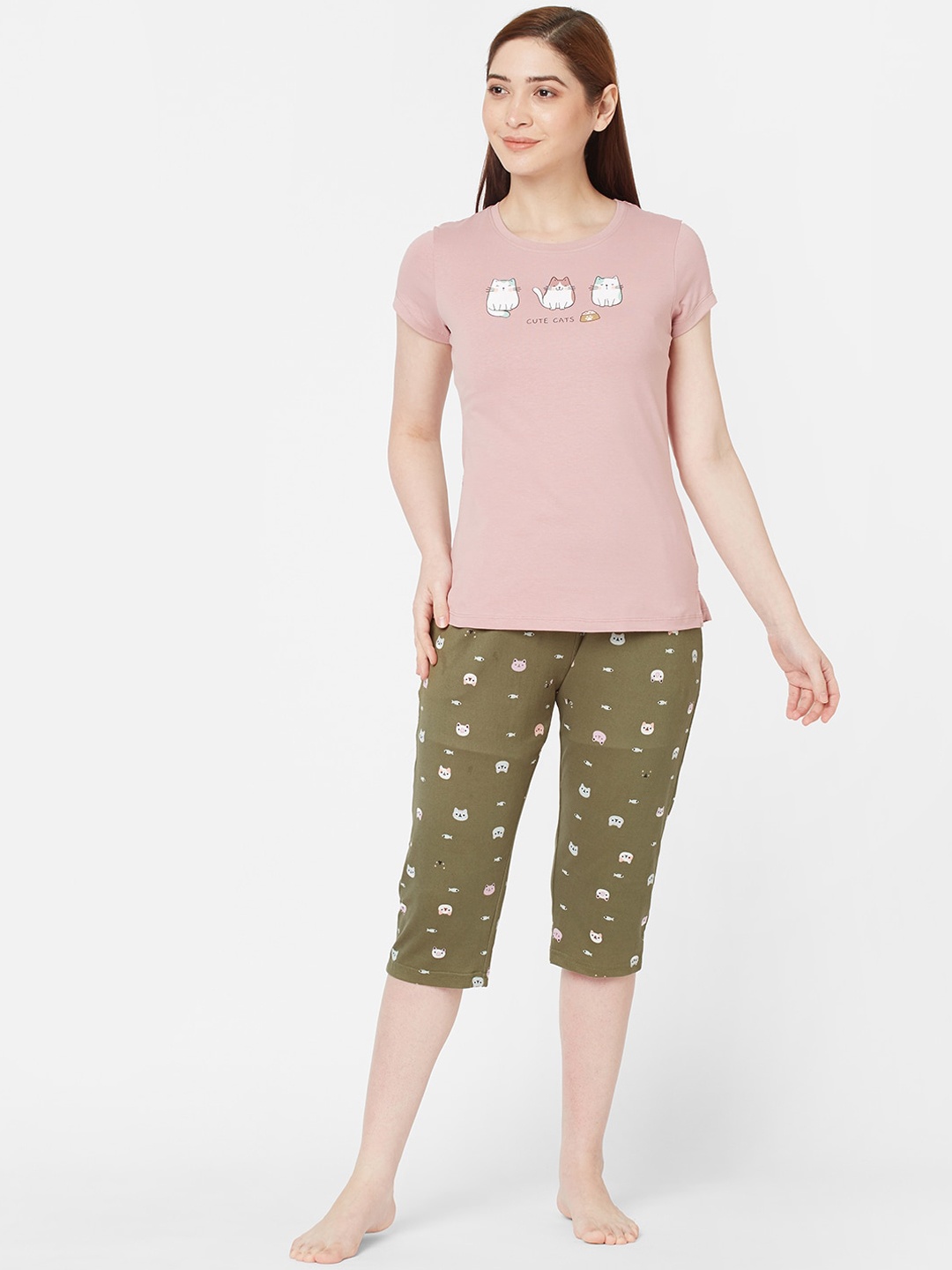 

Sweet Dreams Women Pink & Olive Green Printed Cotton Night suit