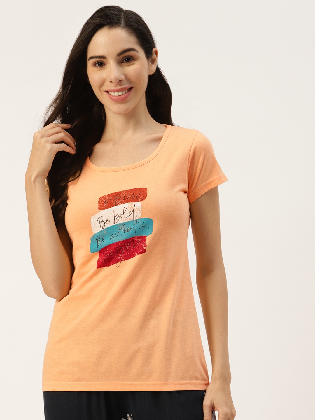 

Broowl Women Peach-Coloured Cotton Printed Tshirt