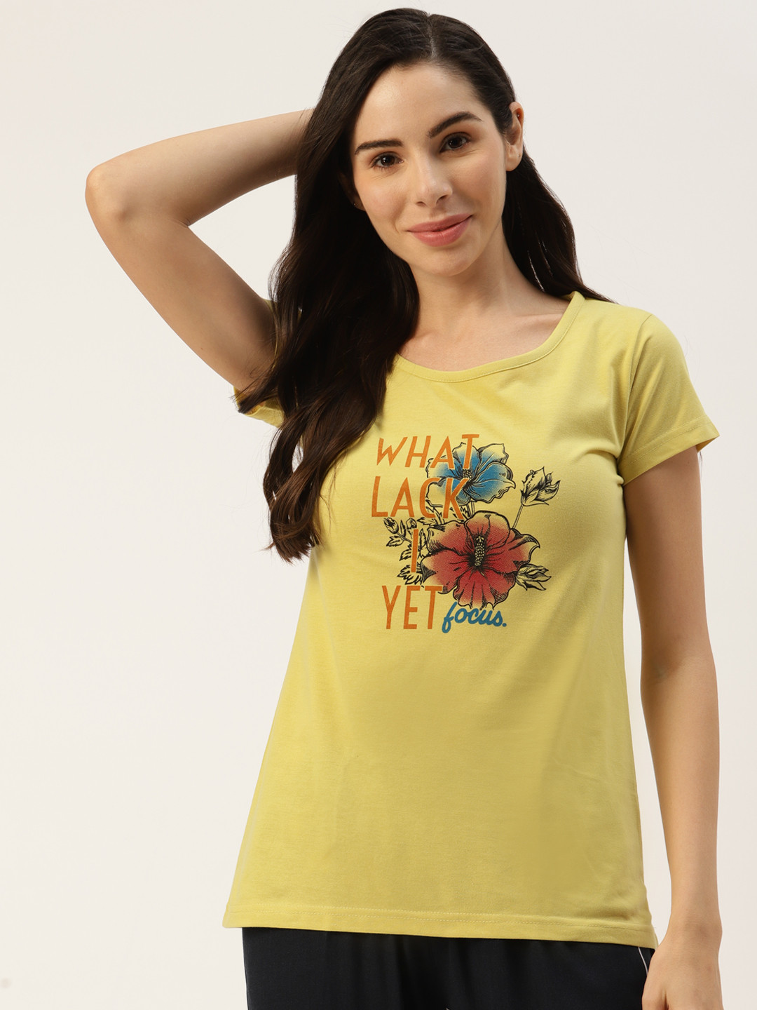 

BROOWL Women Yellow & Orange Pure Cotton Typography Printed Lounge Tshirt