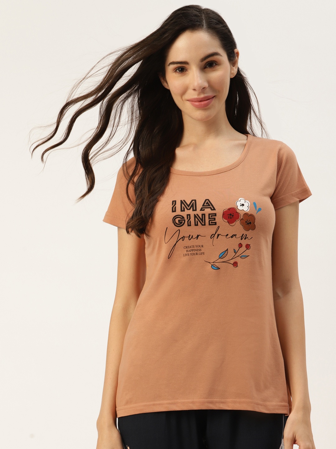 

BROOWL Women Rust Orange & Black Typographic Printed Pure Cotton Lounge Tshirt