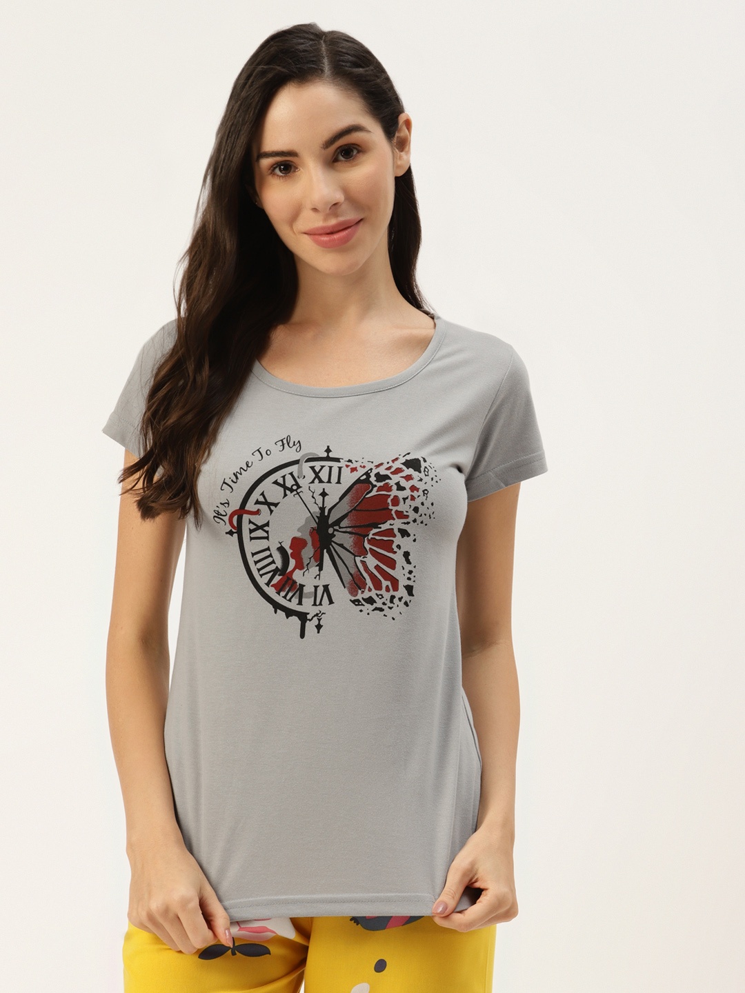 

BROOWL Women Grey Melange & Black Graphic Pure Cotton Printed Lounge Tshirt