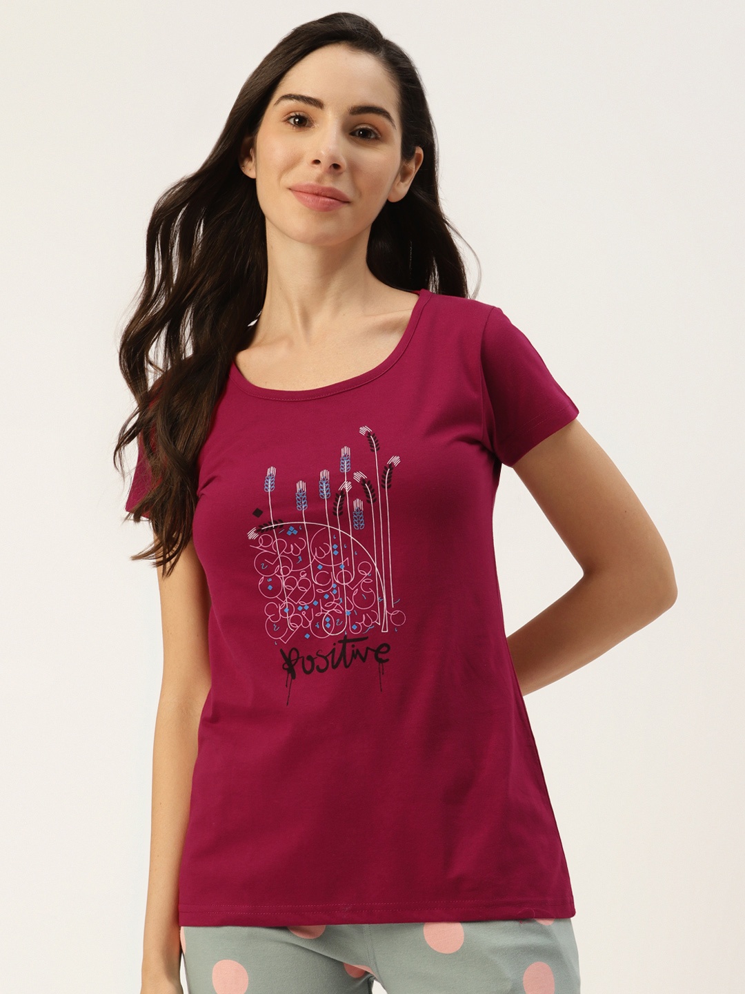 

BROOWL Women Maroon & White Floral Printed Pure Cotton Lounge Tshirt