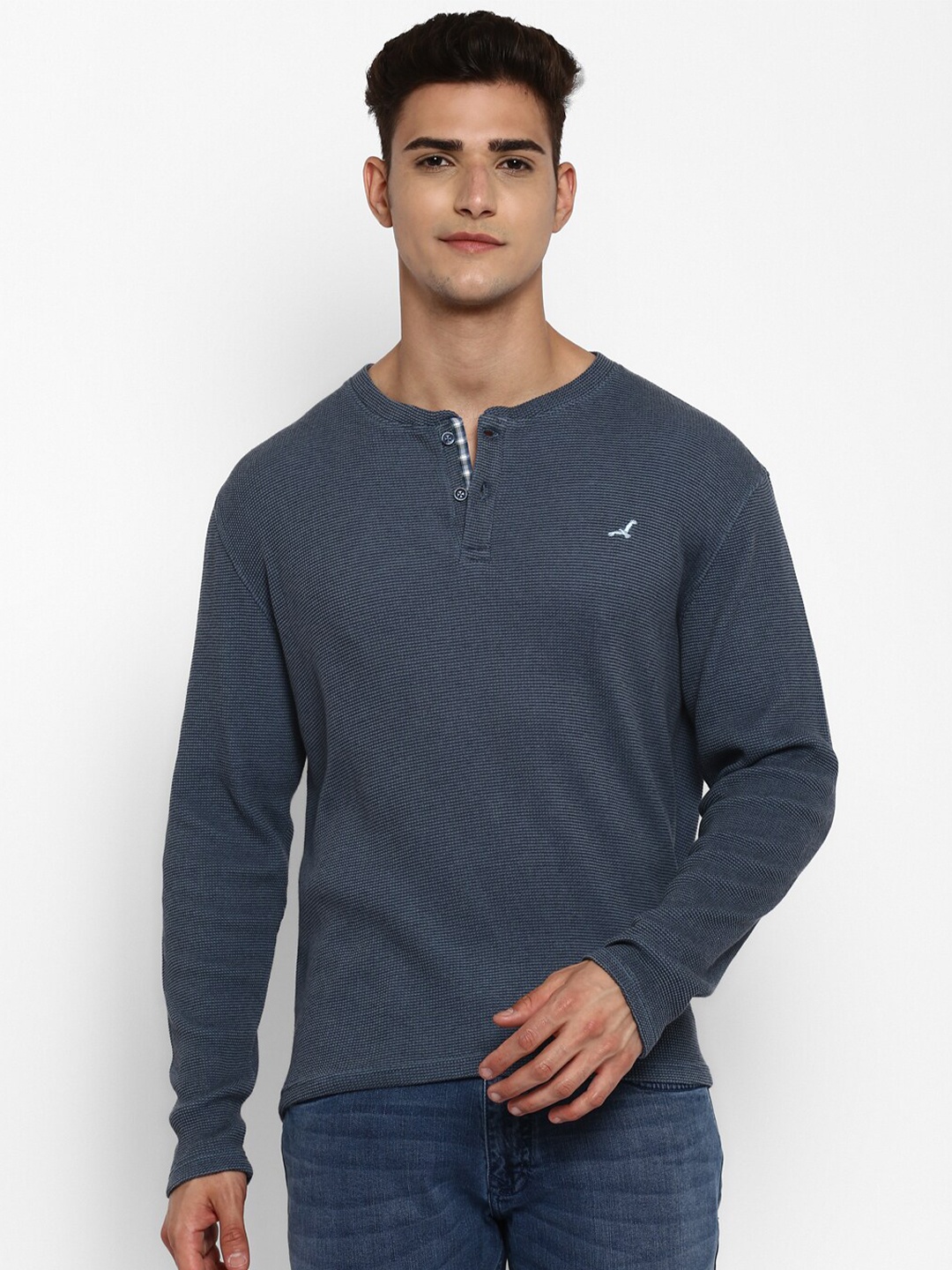 

American Crew Men Blue Henley Neck Cotton T-shirt
