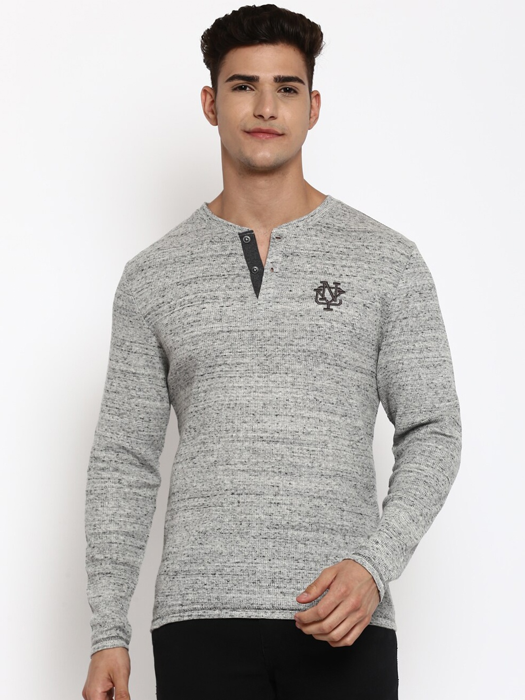 

American Crew Men Grey Henley Neck T-shirt