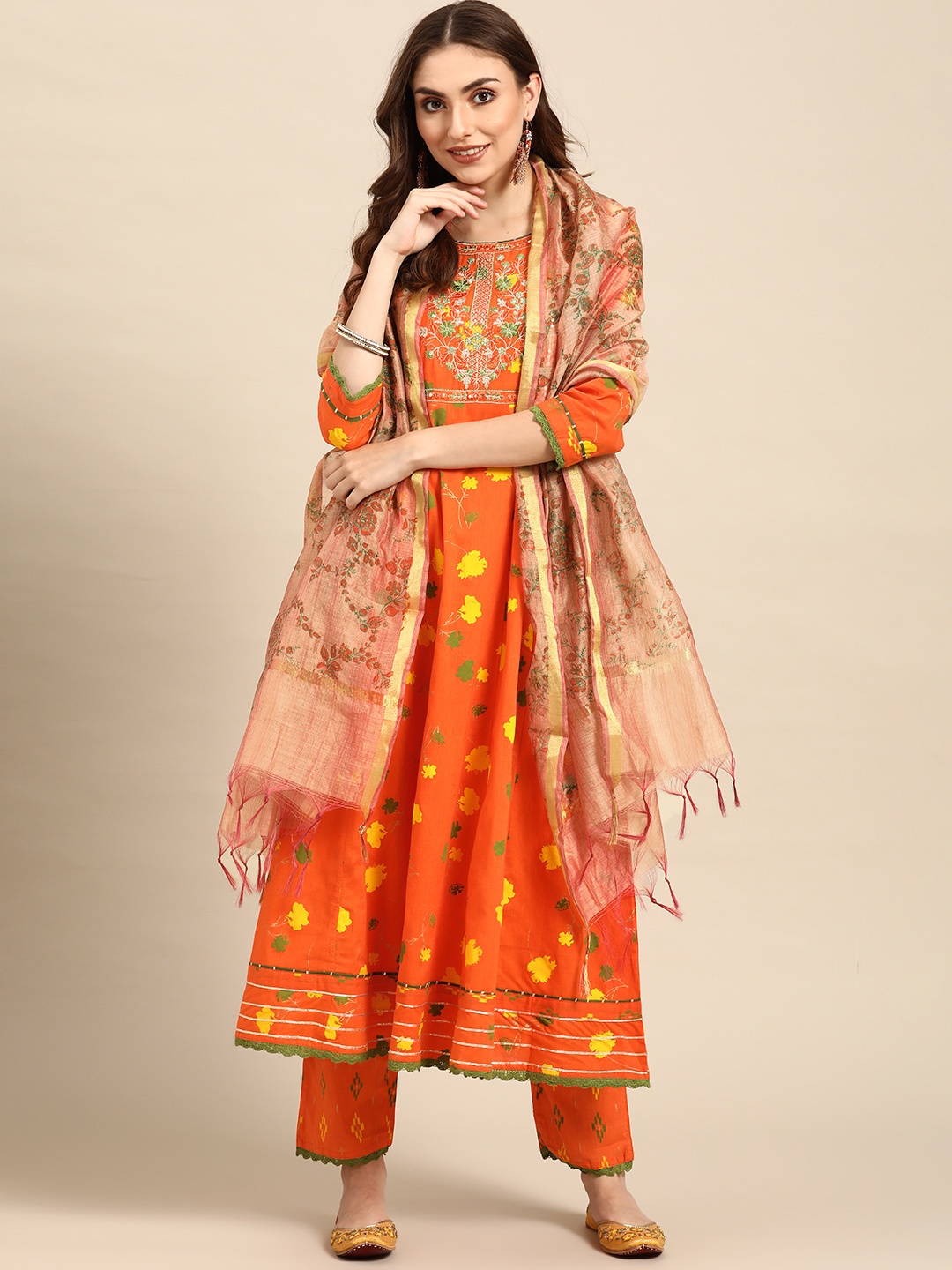 

Prakhya Women Orange Ethnic Embroidered Pure Cotton Kurta with Trousers & Dupatta