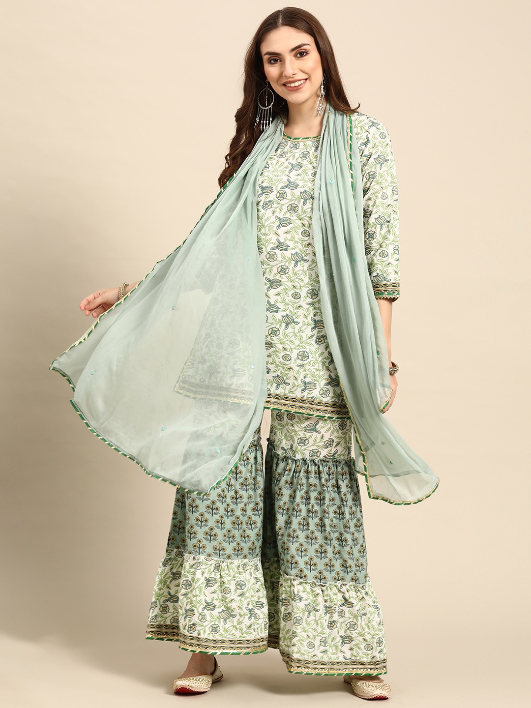 

Prakhya Women Off White & Green Ethnic Printed Pure Cotton Kurti with Sharara & Dupatta