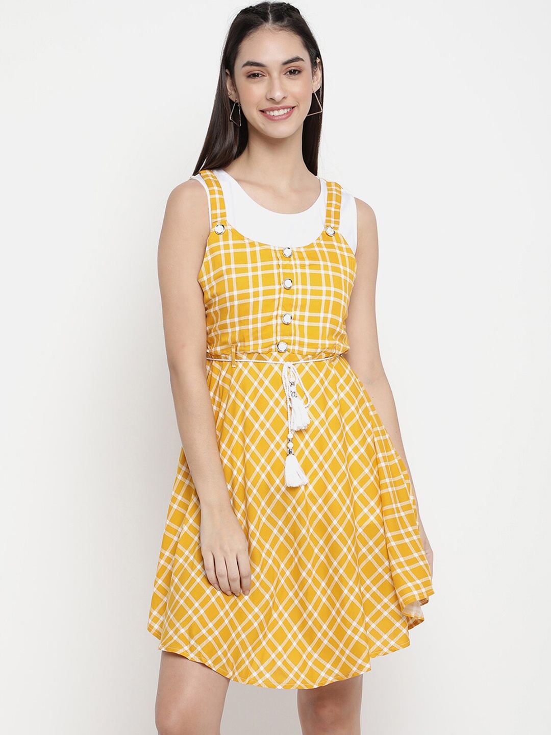 

V2 Value & Variety Yellow & White Checked Belted Dress