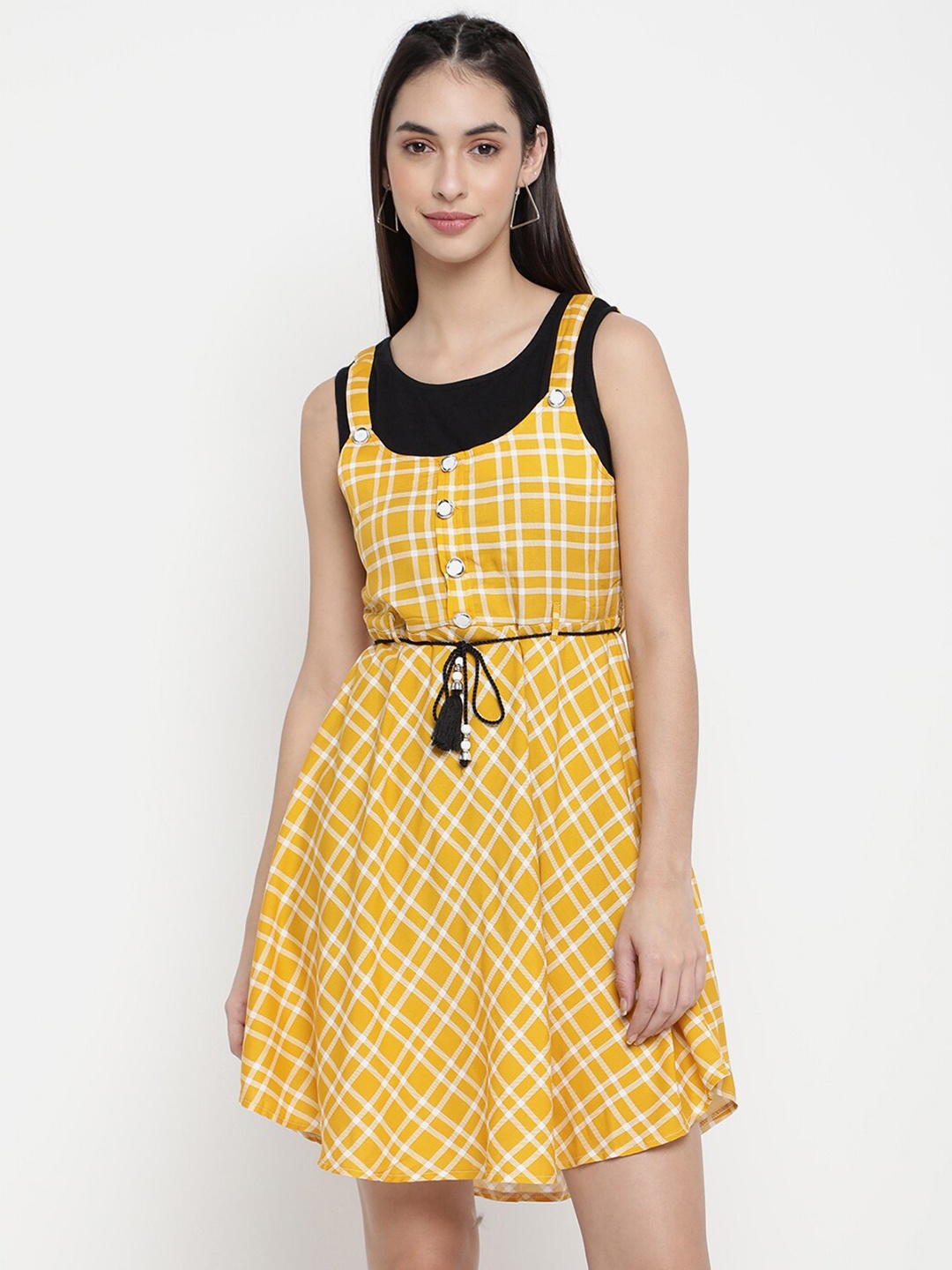 

V2 Value & Variety Women Black & Yellow Checked Dress