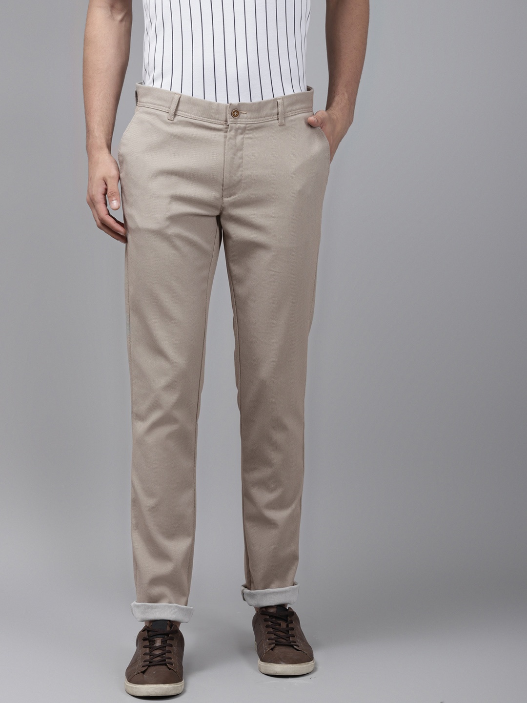

Blackberrys Men Beige Textured B-91 Skinny Fit Low-Rise Trousers