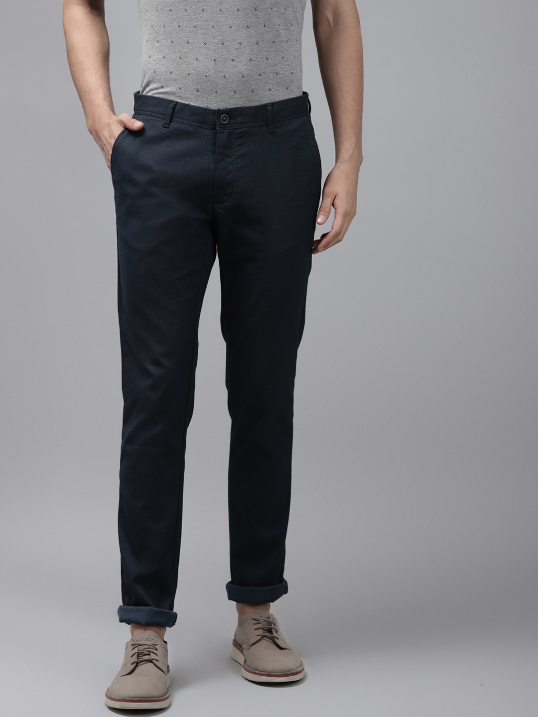 

Blackberrys Men Navy Blue B-91 Skinny Fit Textured Low-Rise Trousers