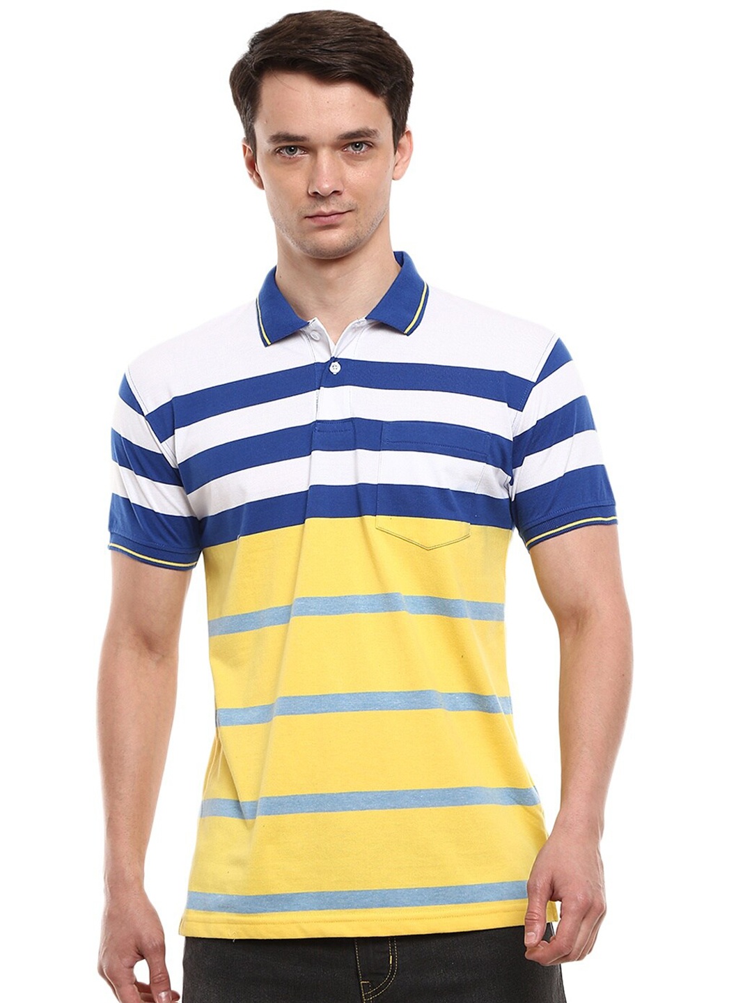 

V-Mart Men Yellow & & White Striped Polo Collar T-shirt