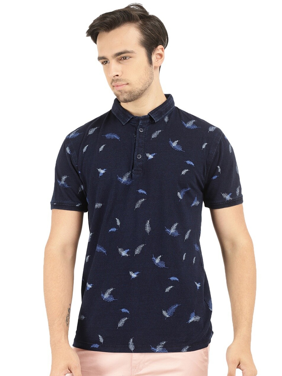 

V-Mart Men Navy Blue Printed Polo Collar Slim Fit T-shirt