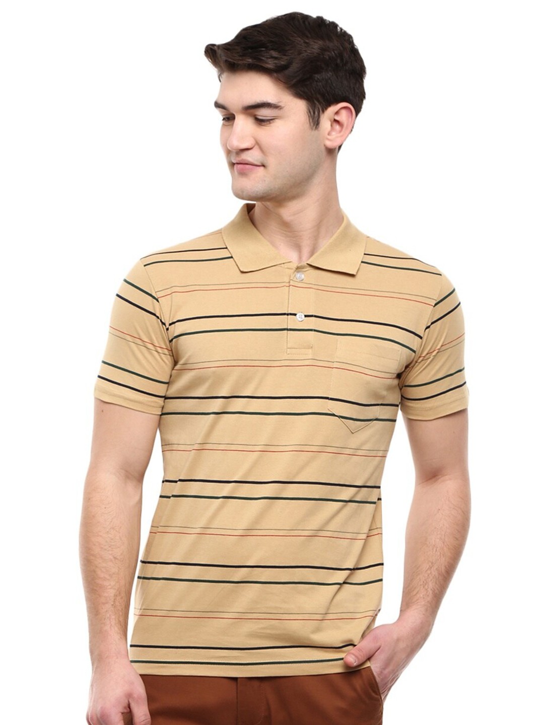 

V-Mart Men Camel Brown & Black Striped Polo Collar Slim Fit Cotton T-shirt