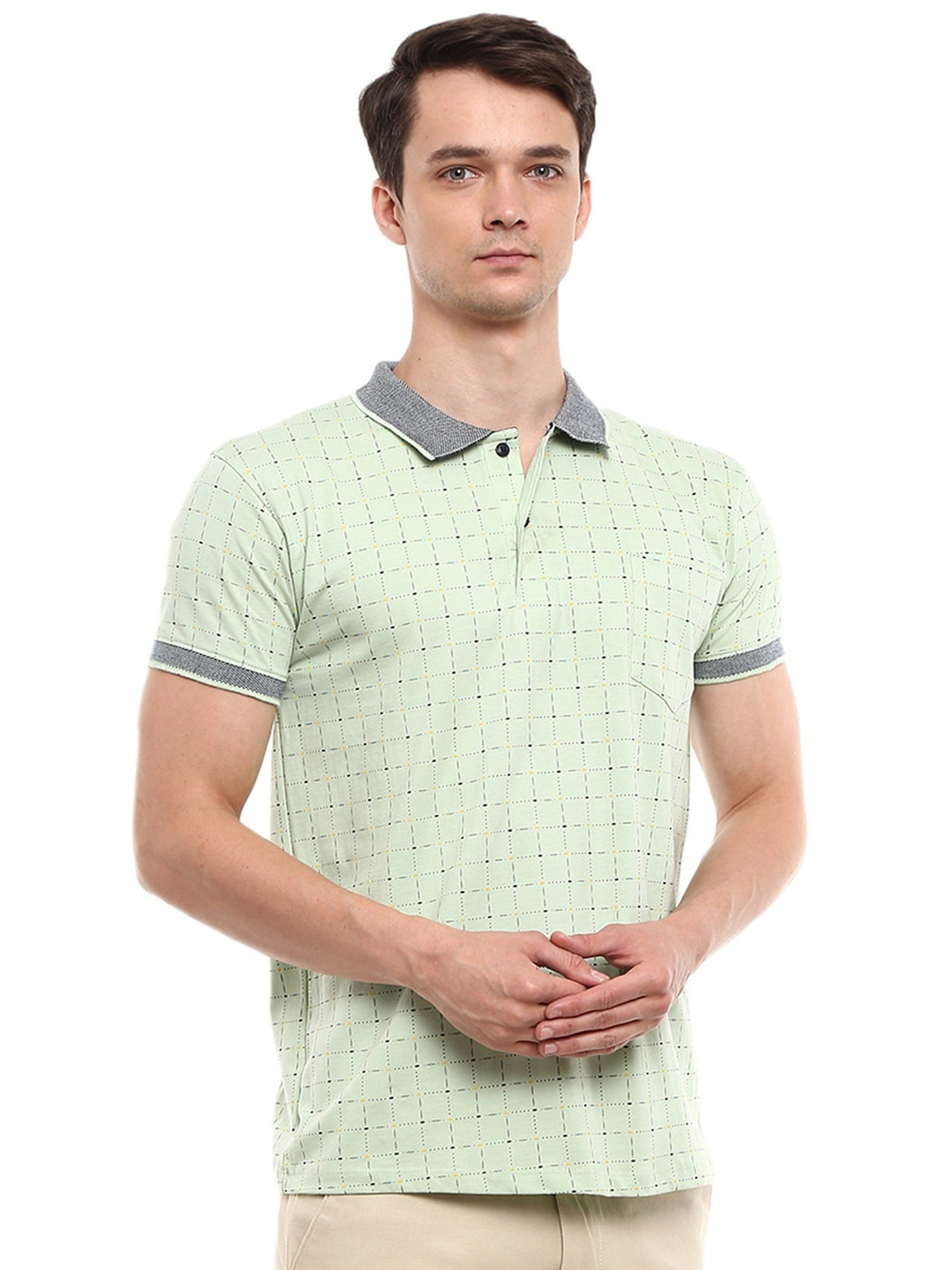 

V-Mart Men Mint Green & Navy Blue Checked Cotton Polo Collar T-shirt