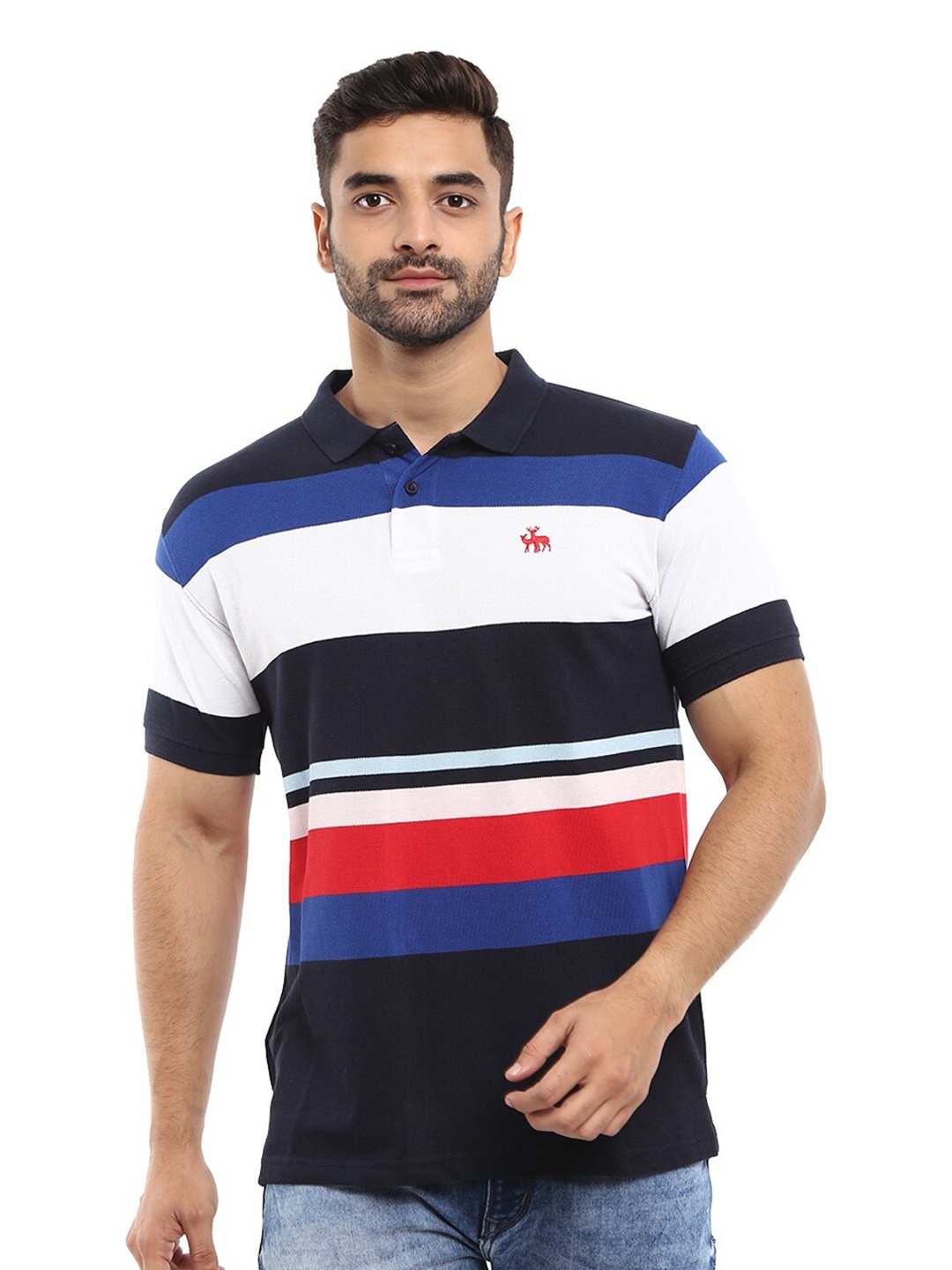 

V-Mart Men Black & White Striped Polo Collar T-shirt
