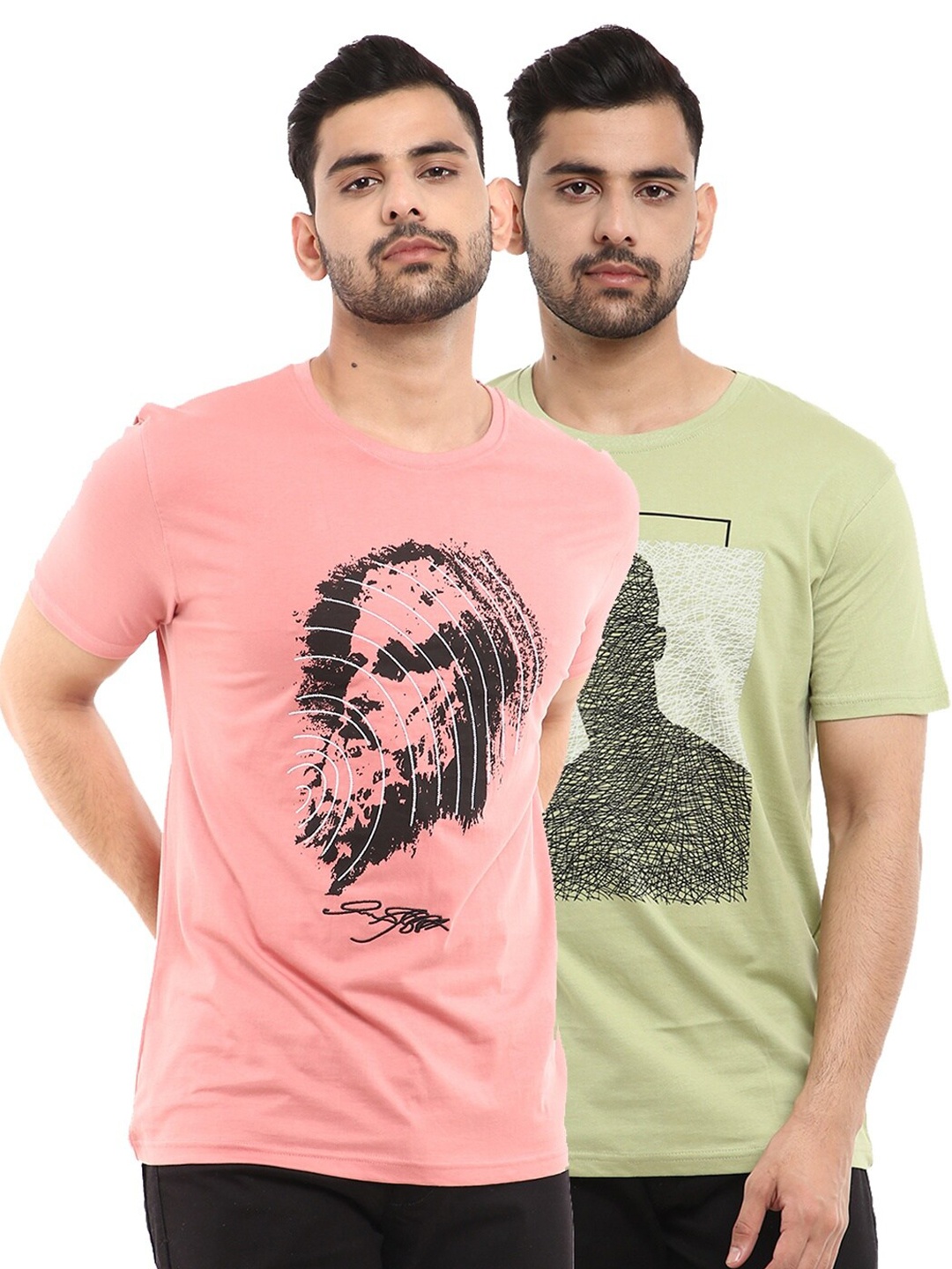 

V-Mart Men Pack of 2 Pink & Green Pure Cotton Printed T-shirts